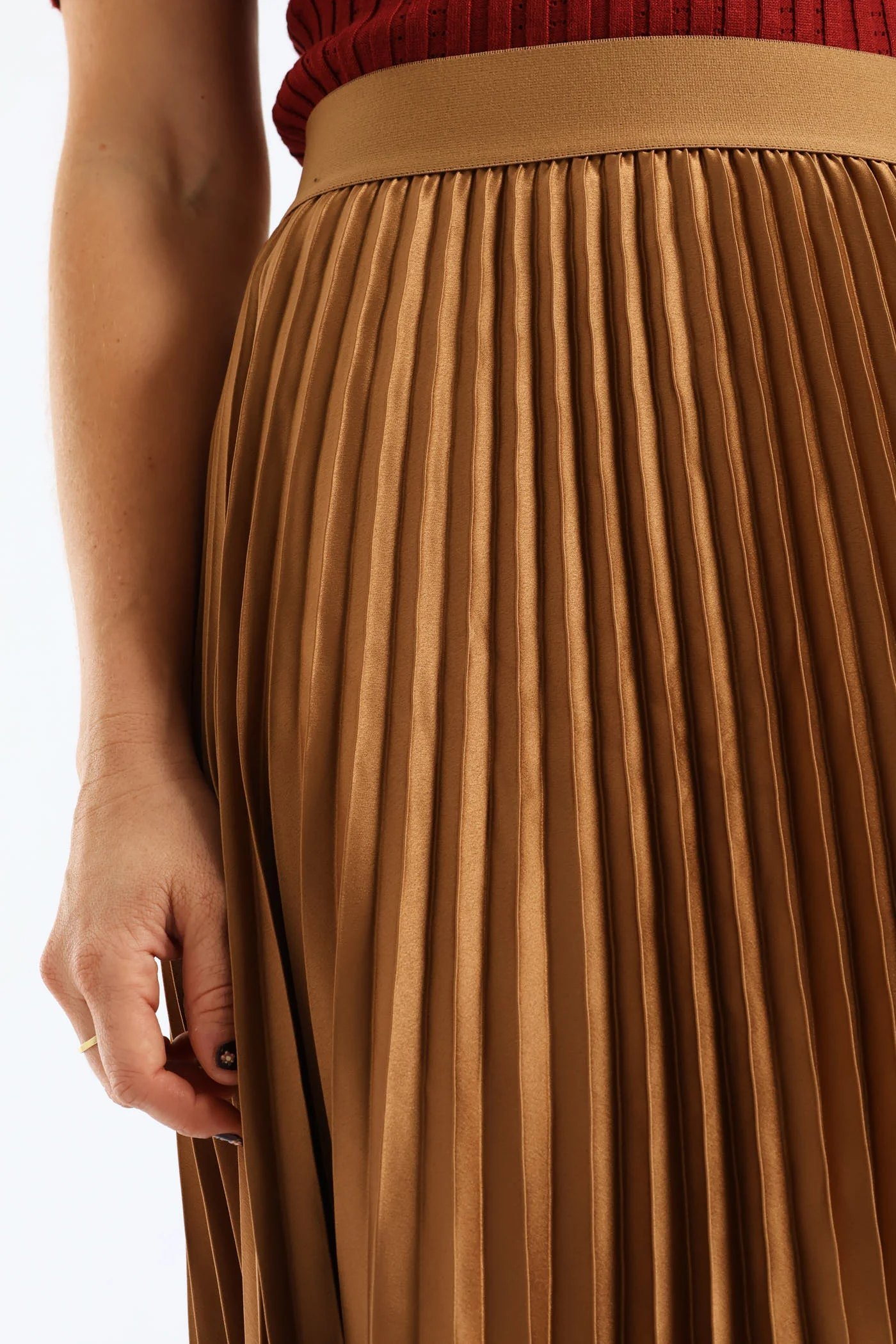 Pleated Satin Maxi Skirt - Brown - Image 2