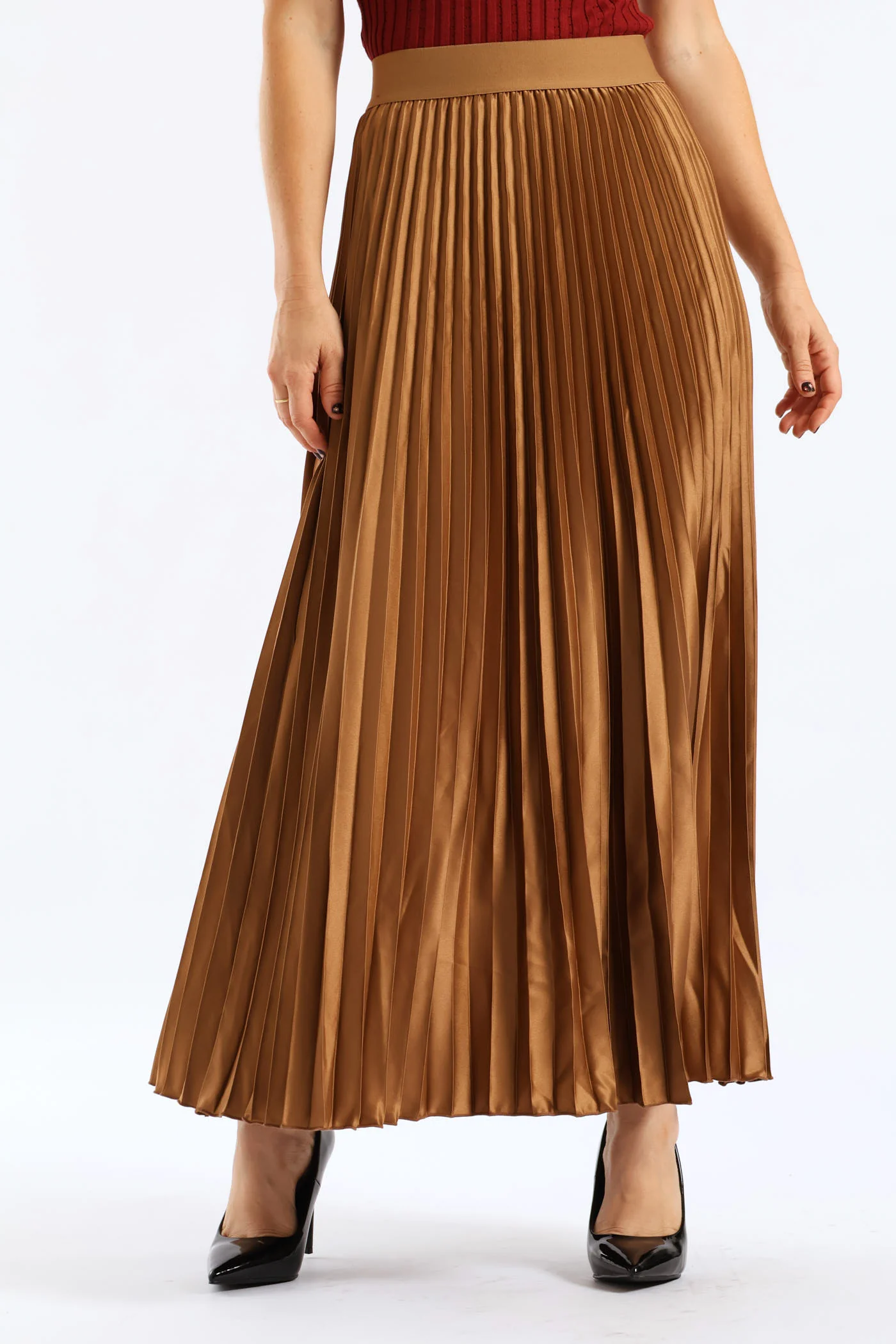 Pleated Satin Maxi Skirt - Brown - Image 3