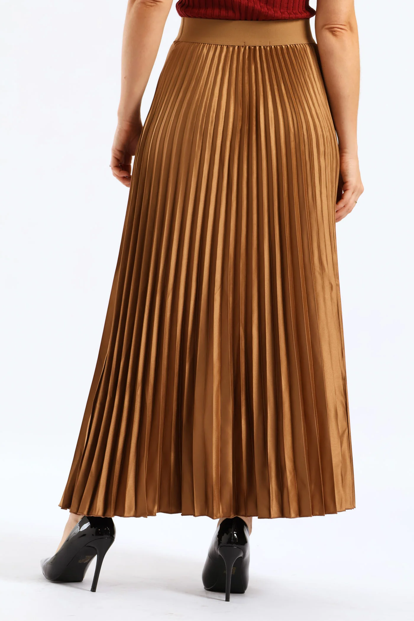 Pleated Satin Maxi Skirt - Brown - Image 4