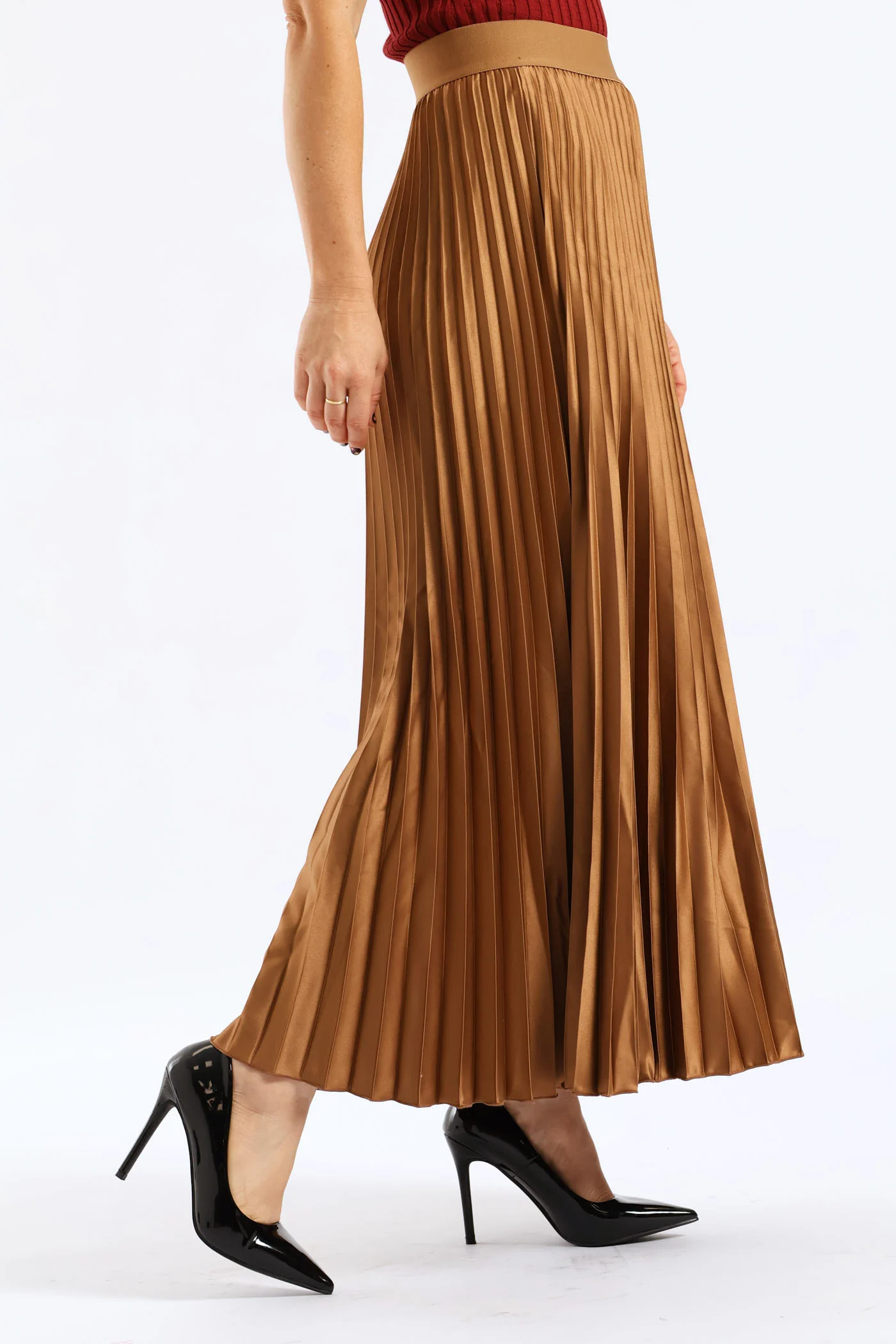 Pleated Satin Maxi Skirt - Brown - Image 5