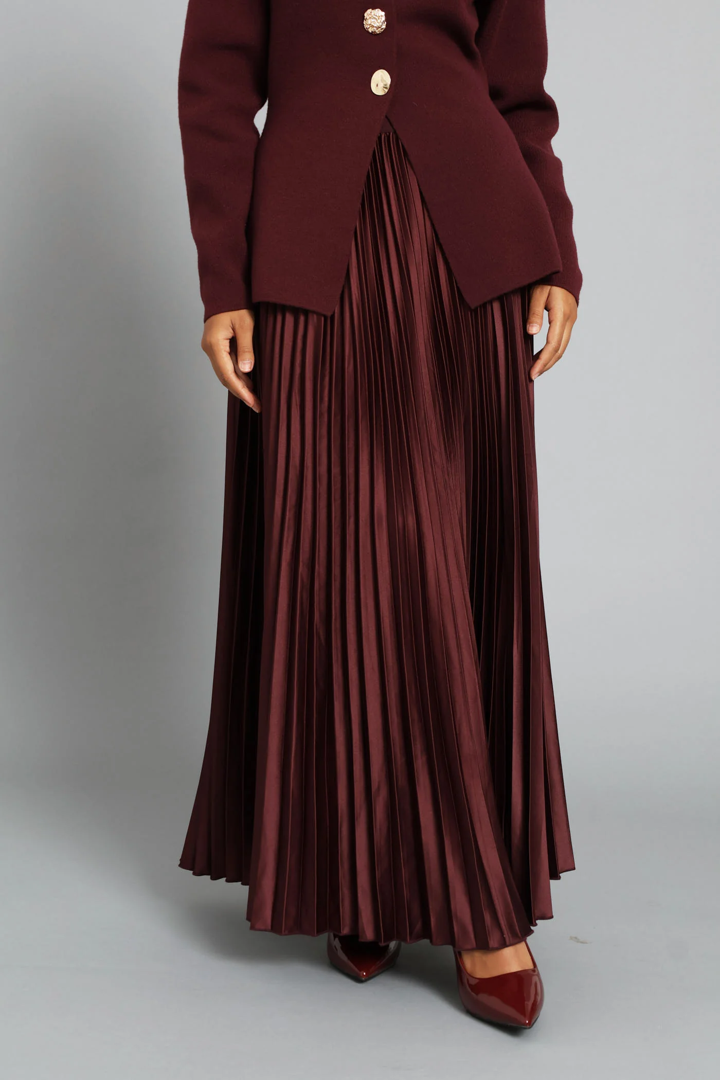 Pleated Satin Maxi Skirt  - Burgundy - Image 2