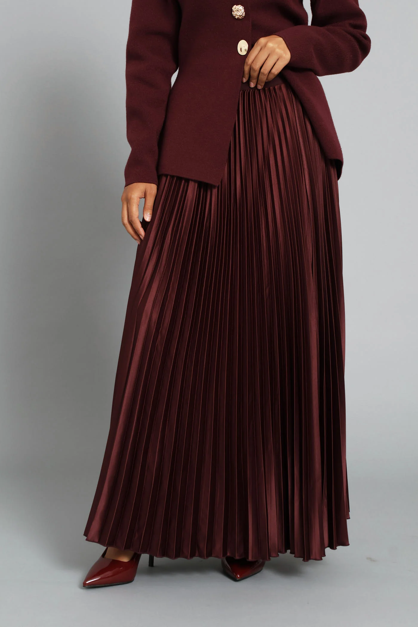 Pleated Satin Maxi Skirt  - Burgundy - Image 3