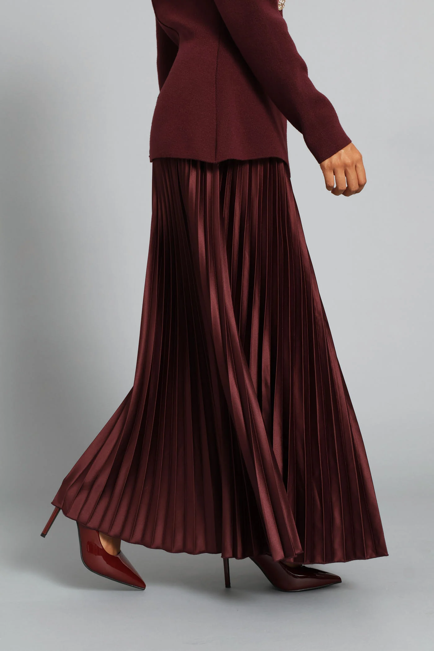 Pleated Satin Maxi Skirt  - Burgundy - Image 4