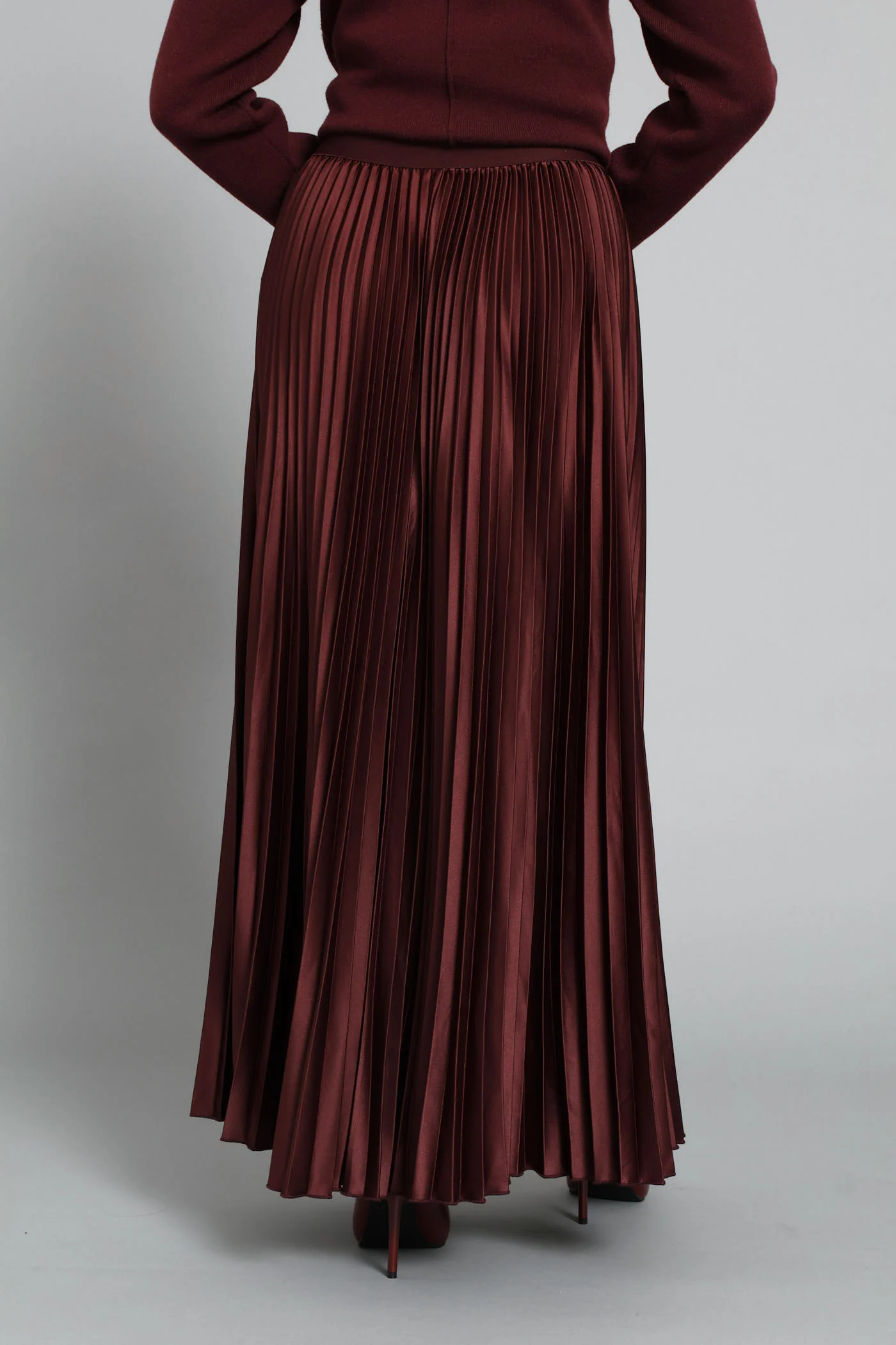 Pleated Satin Maxi Skirt  - Burgundy - Image 6