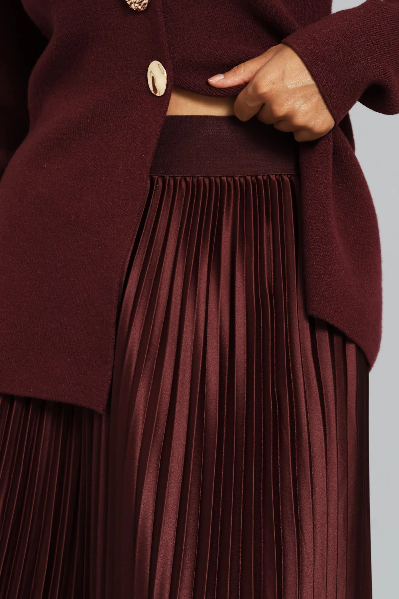 Pleated Satin Maxi Skirt  - Burgundy - Image 7