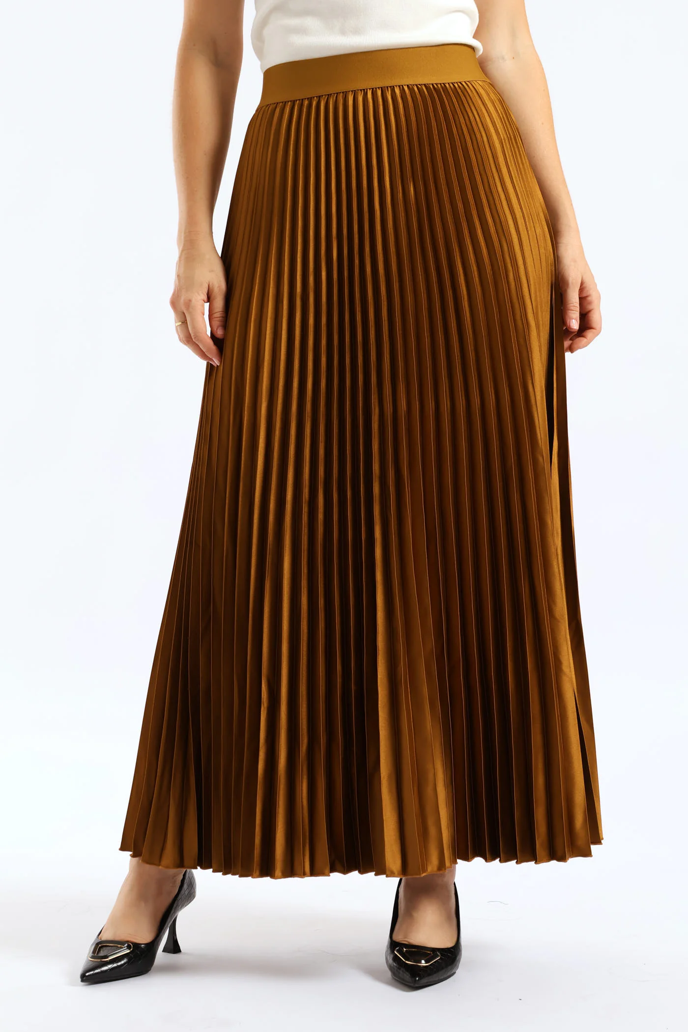 Pleated Satin Maxi Skirt - Burnt Olive - Image 2