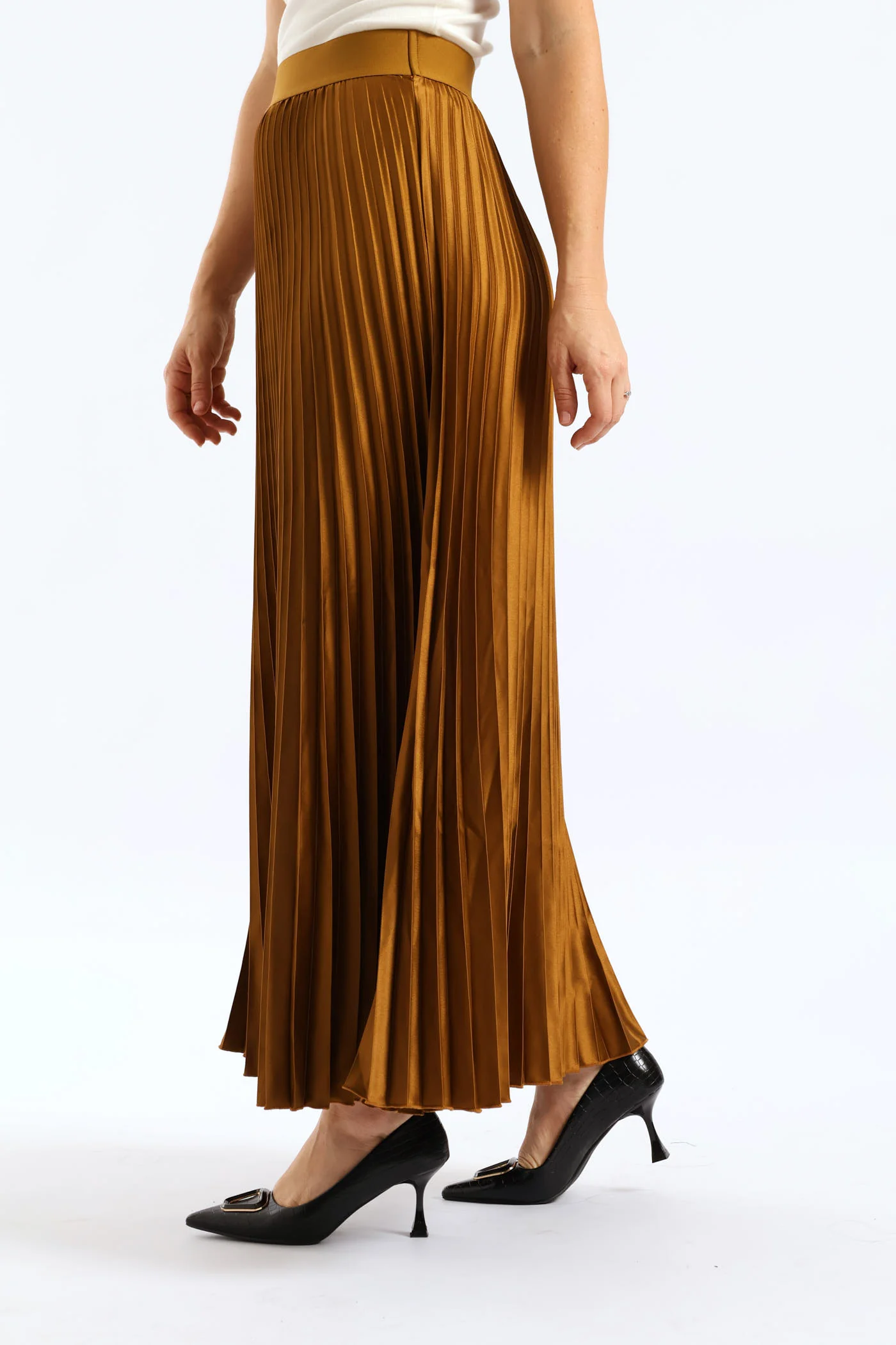 Pleated Satin Maxi Skirt - Burnt Olive - Image 4