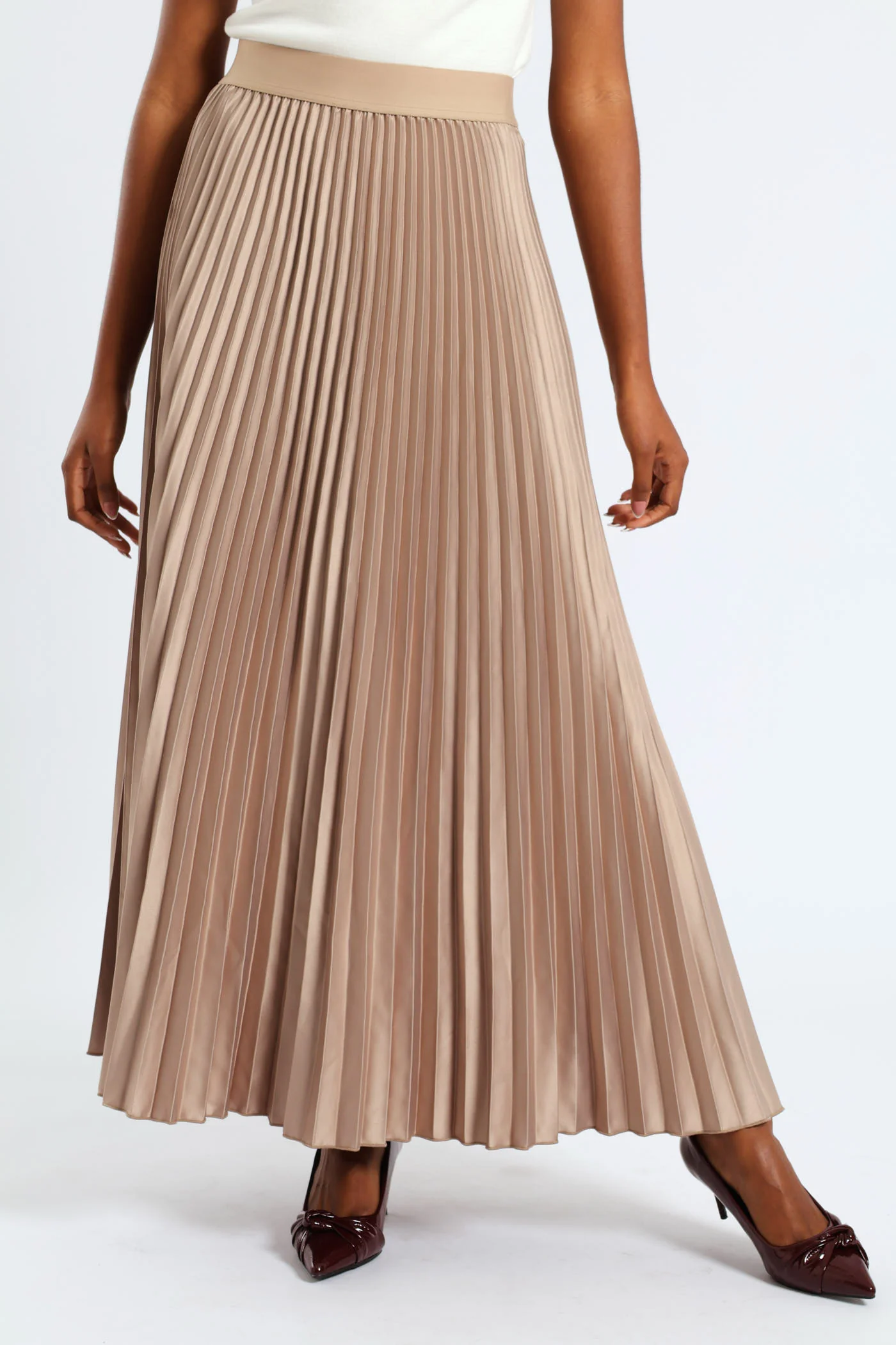 Pleated Satin Maxi Skirt - Champagne - Image 2