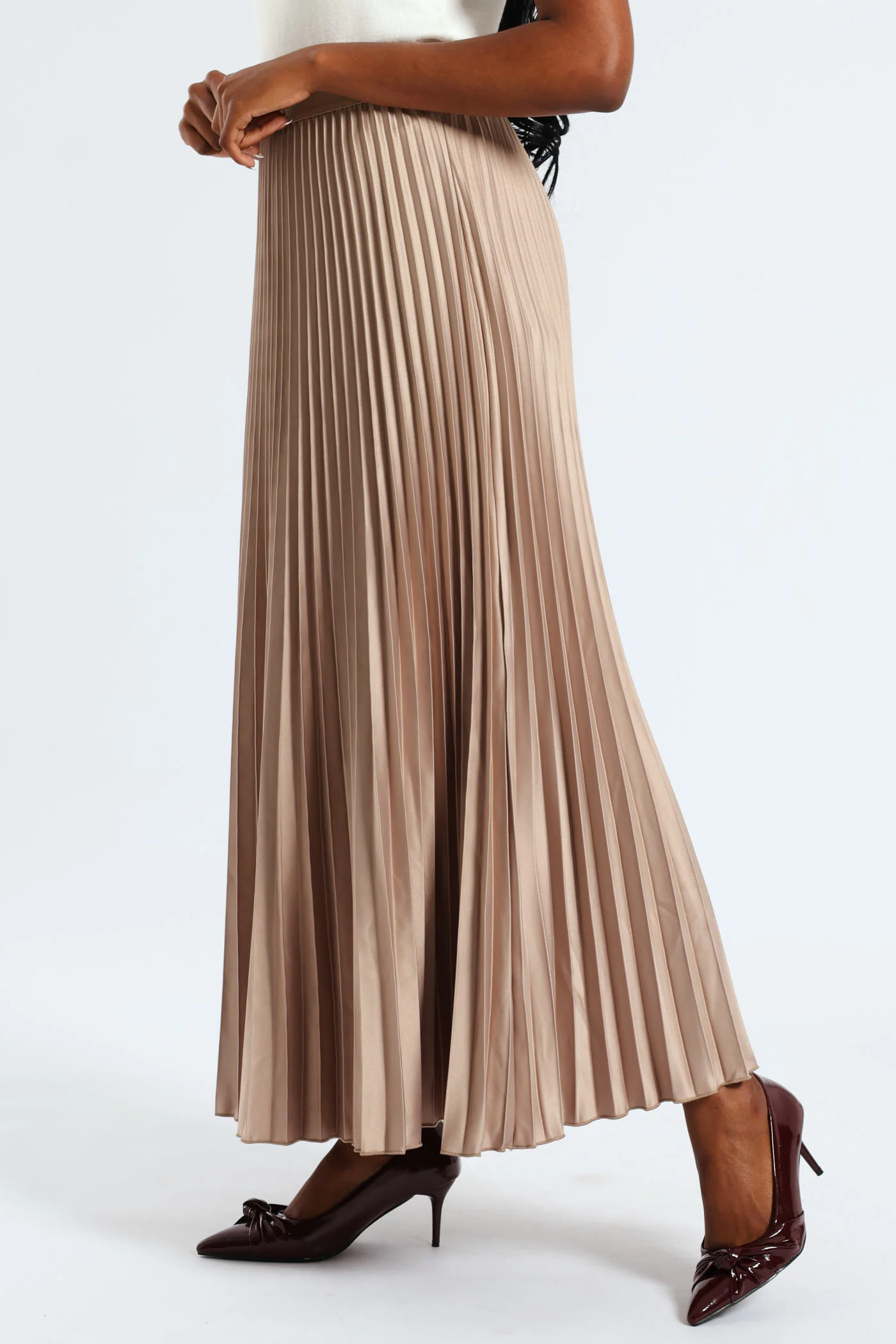 Pleated Satin Maxi Skirt - Champagne - Image 3