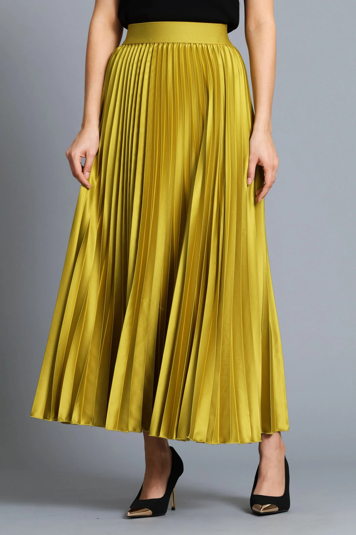 Pleated Satin Maxi Skirt - Chartreuse - Image 2