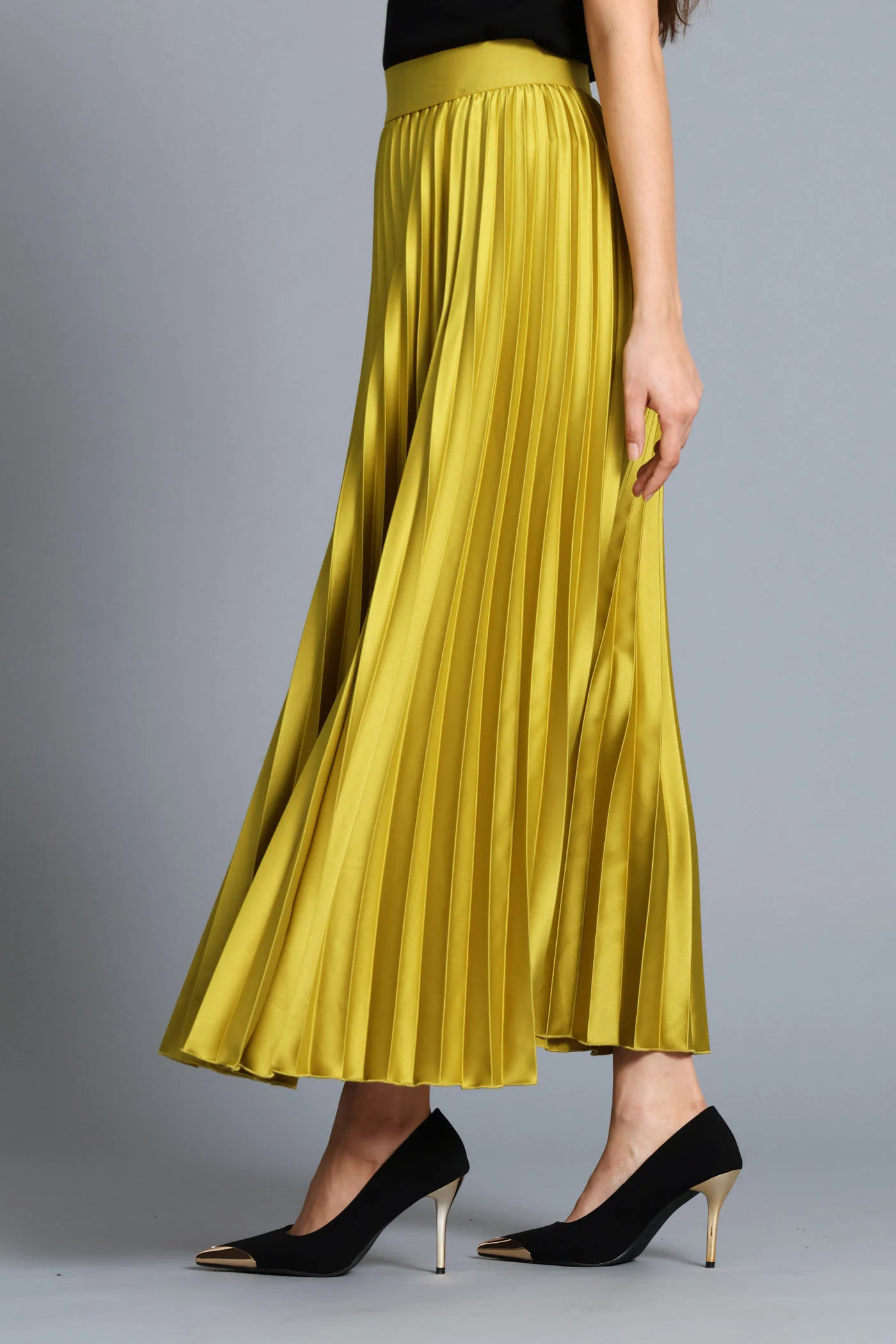 Pleated Satin Maxi Skirt - Chartreuse - Image 3