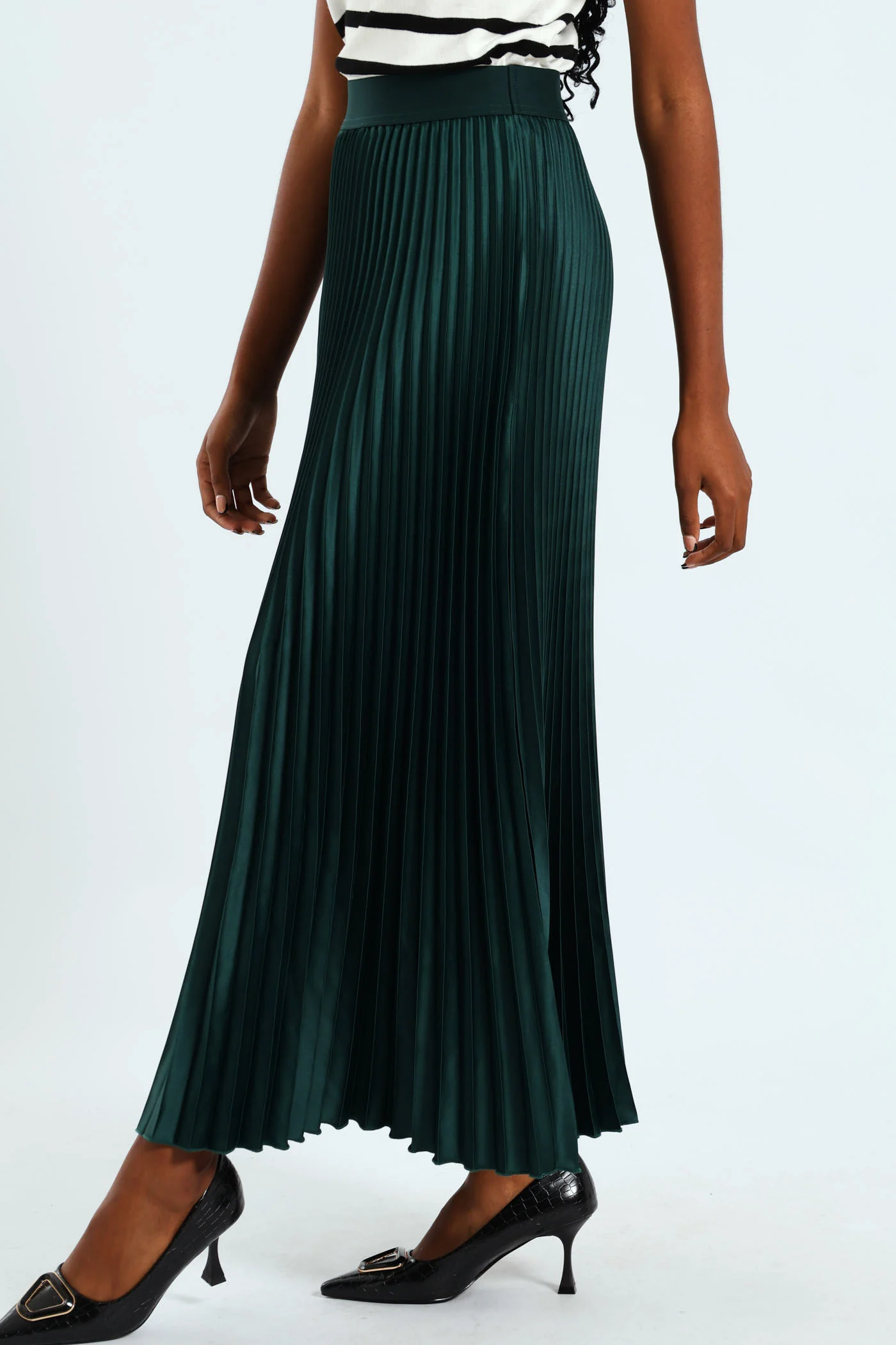 Pleated Satin Maxi Skirt - Emerald - Image 2