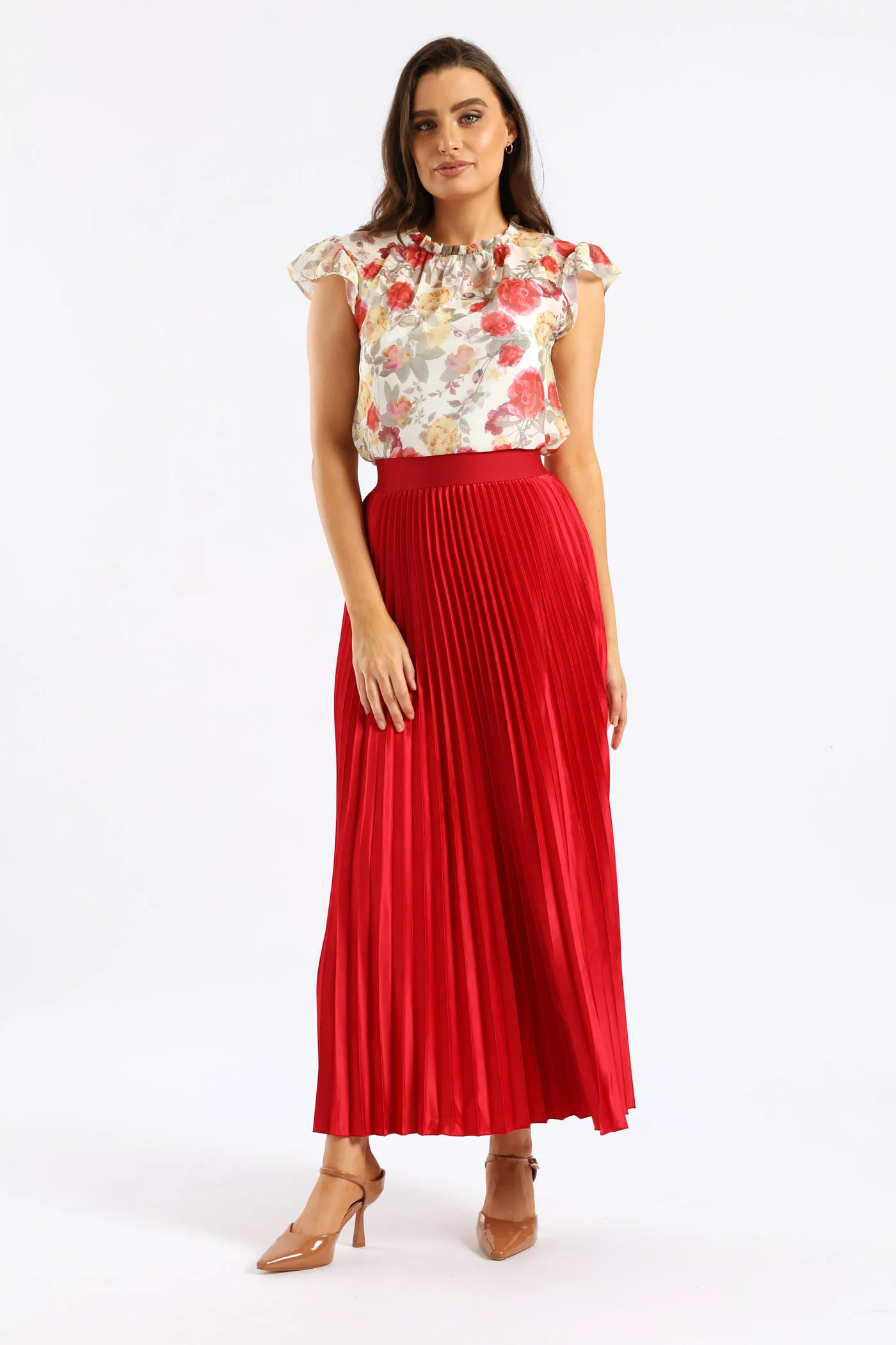 Pleated Satin Maxi Skirt - Red - Image 2