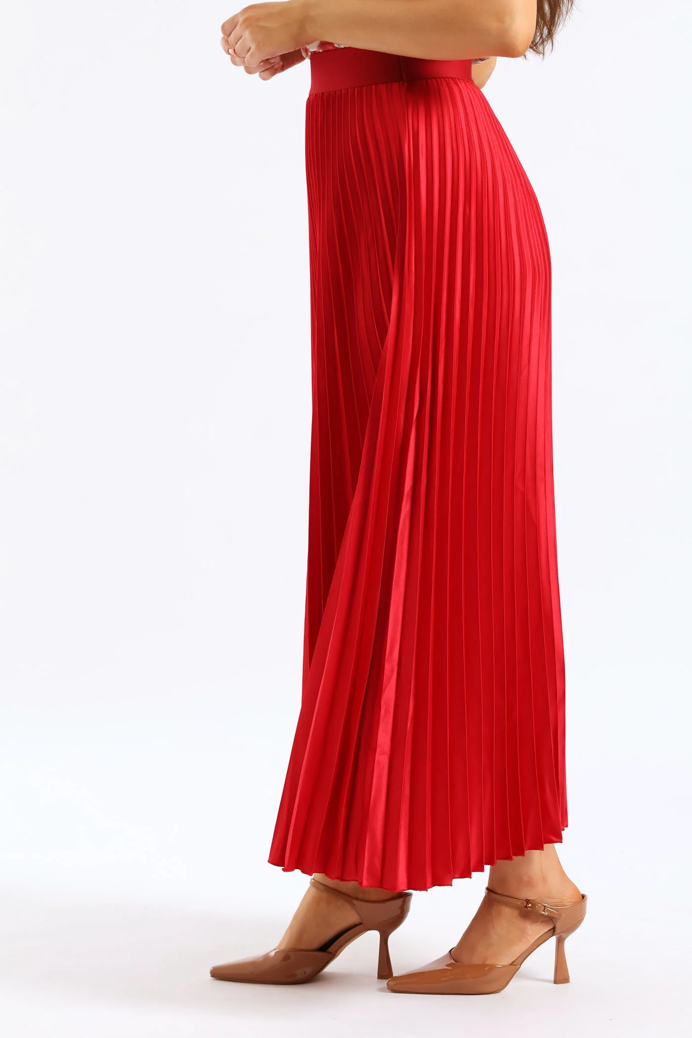 Pleated Satin Maxi Skirt - Red - Image 3