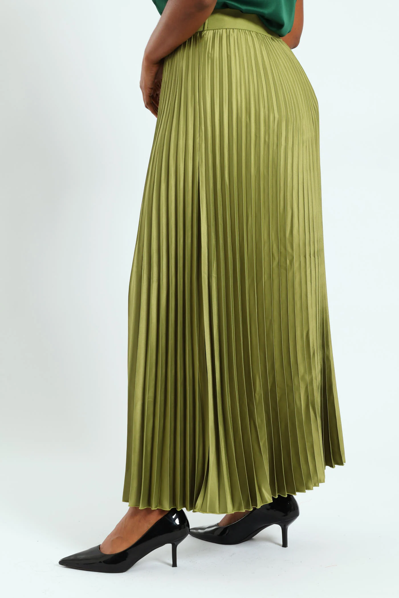 Pleated Satin Maxi Skirt - Matcha - Image 3