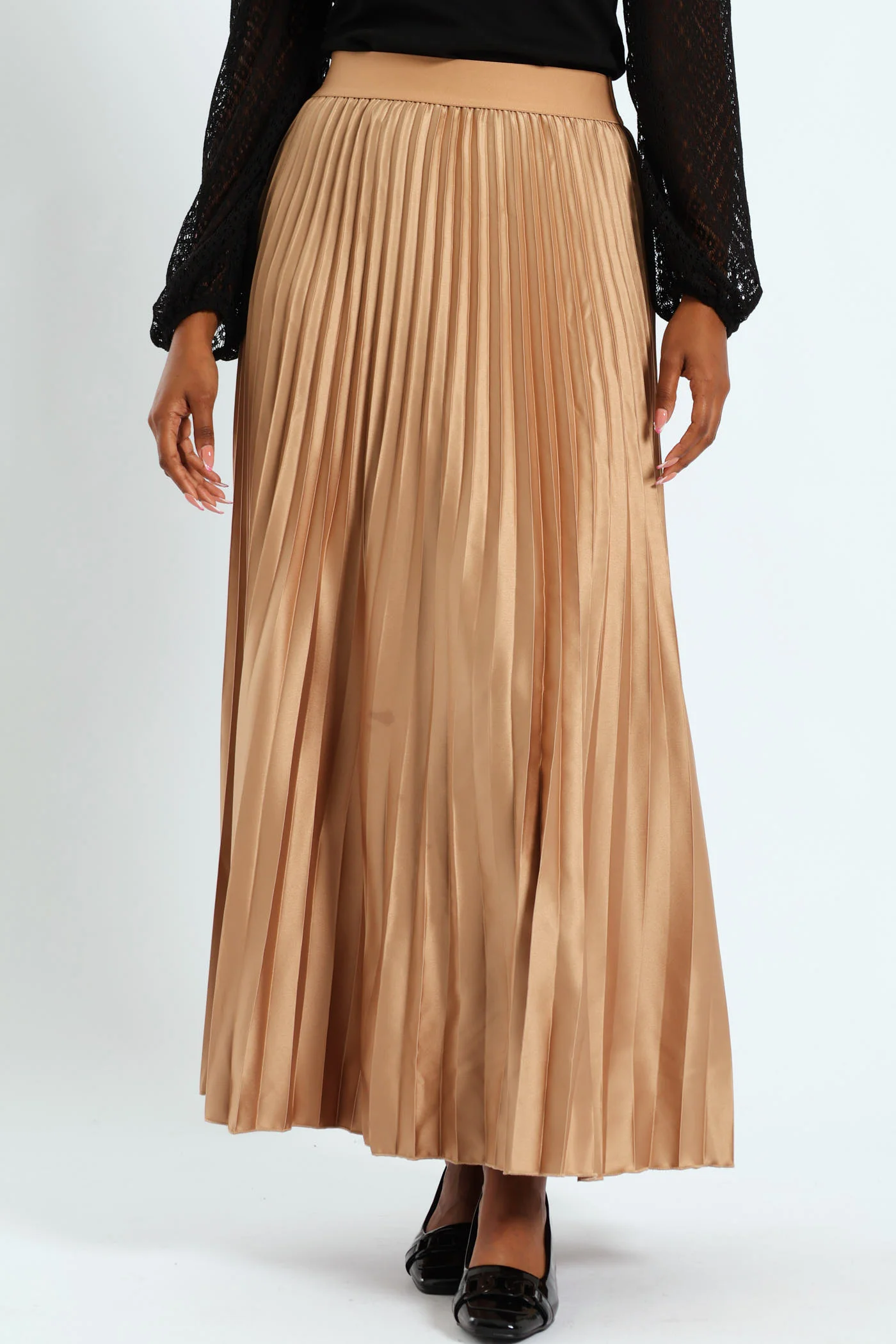 Pleated Satin Maxi Skirt - Taupe - Image 2