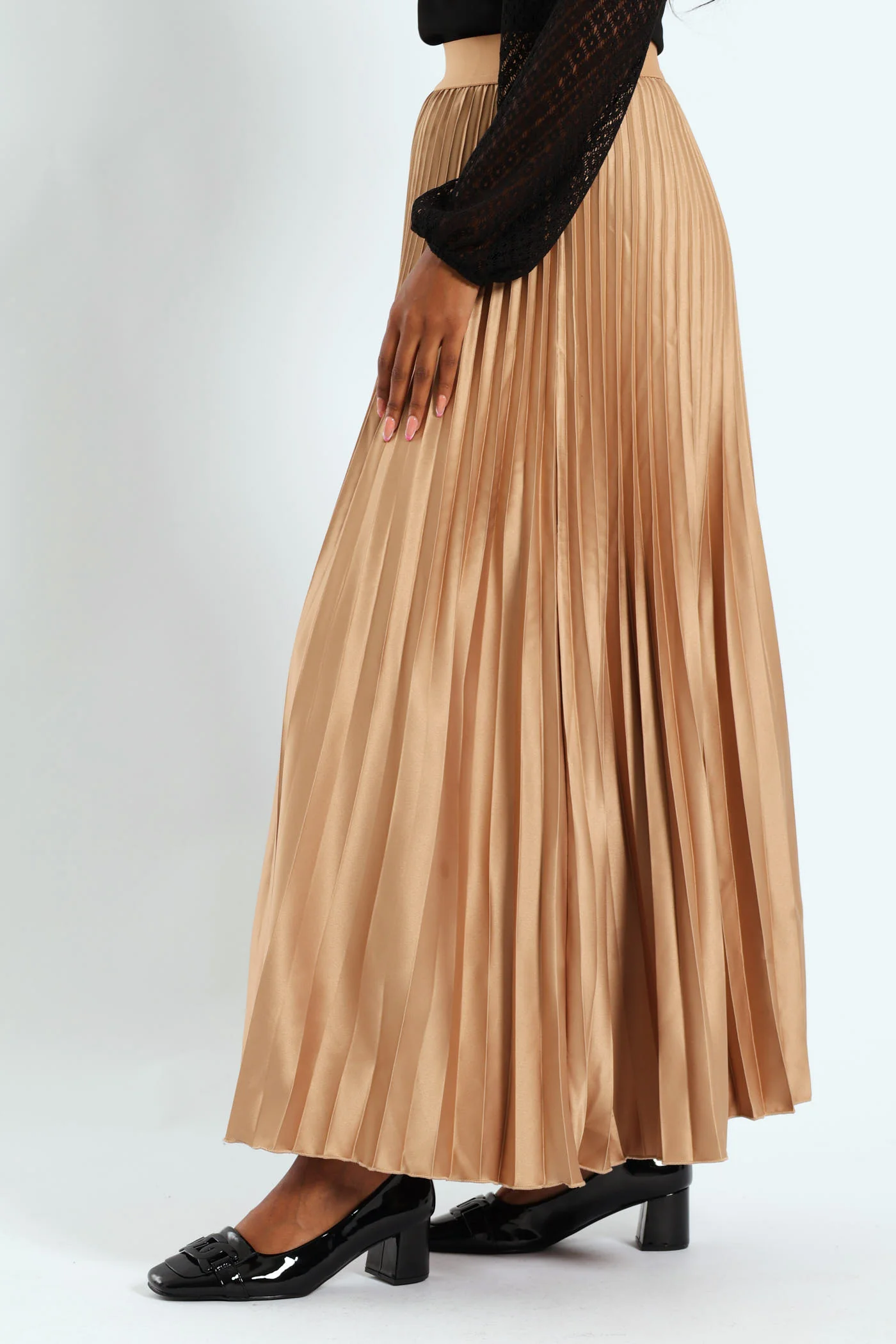 Pleated Satin Maxi Skirt - Taupe - Image 3