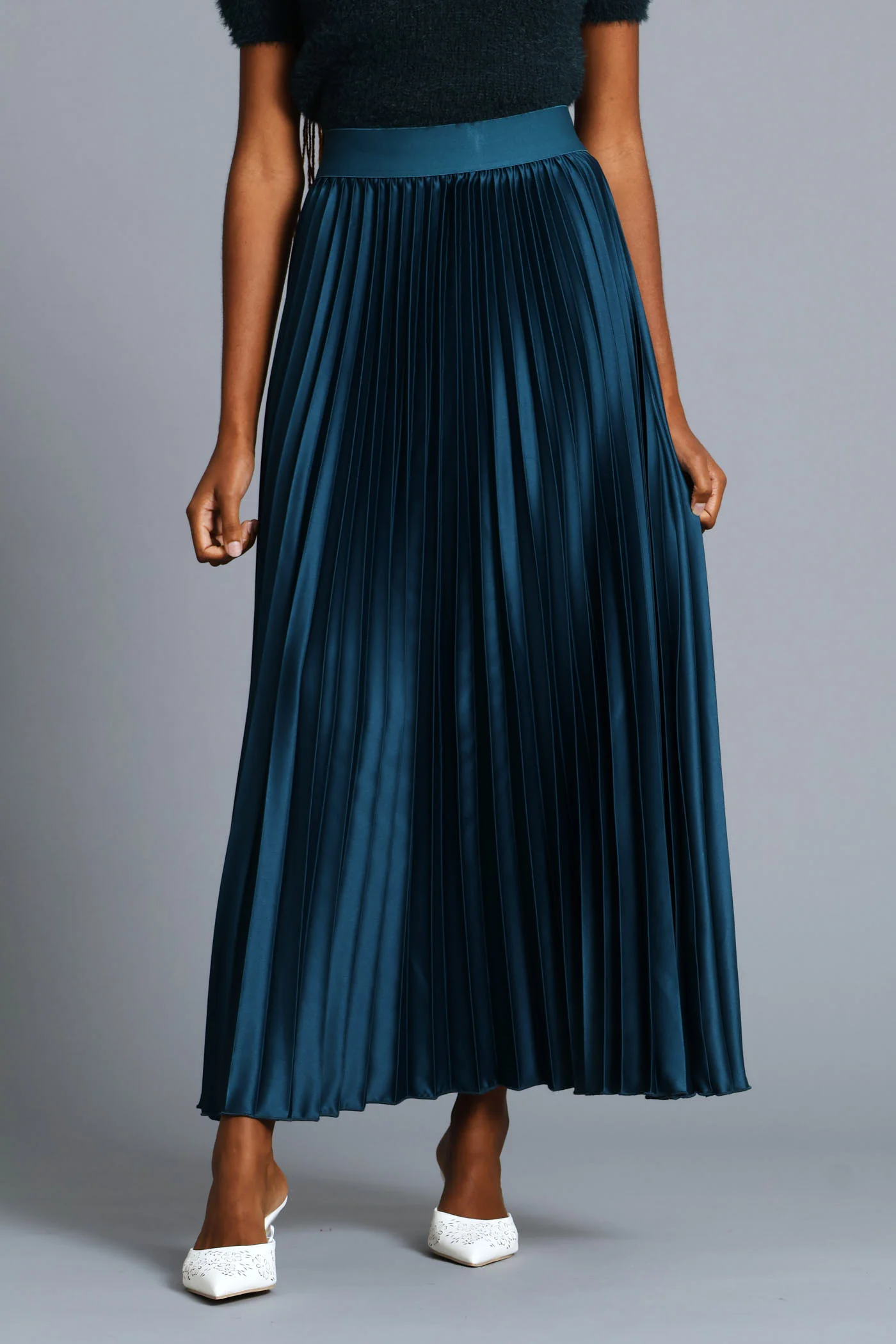 Pleated Satin Maxi Skirt - Teal - Image 2