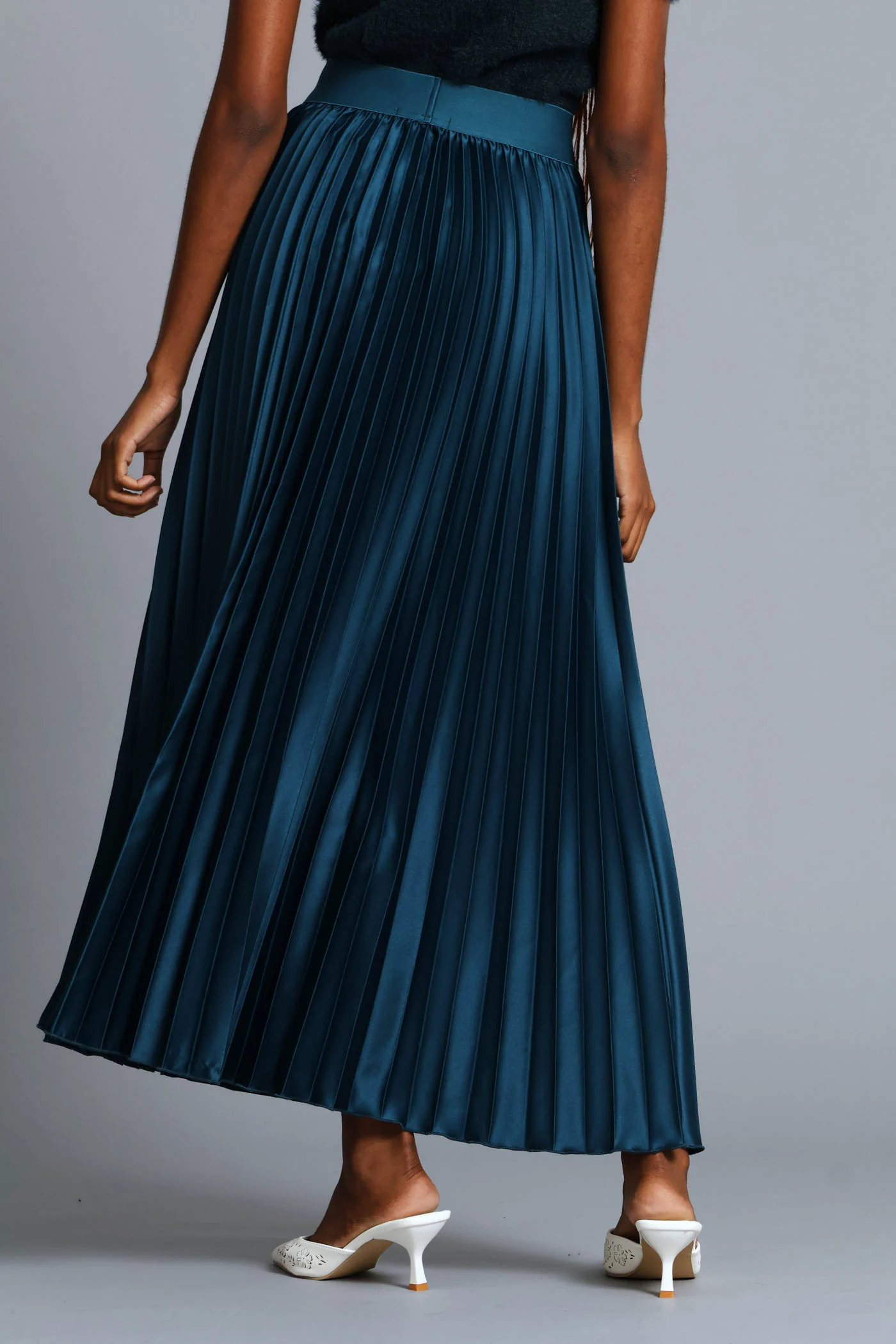 Pleated Satin Maxi Skirt - Teal - Image 4