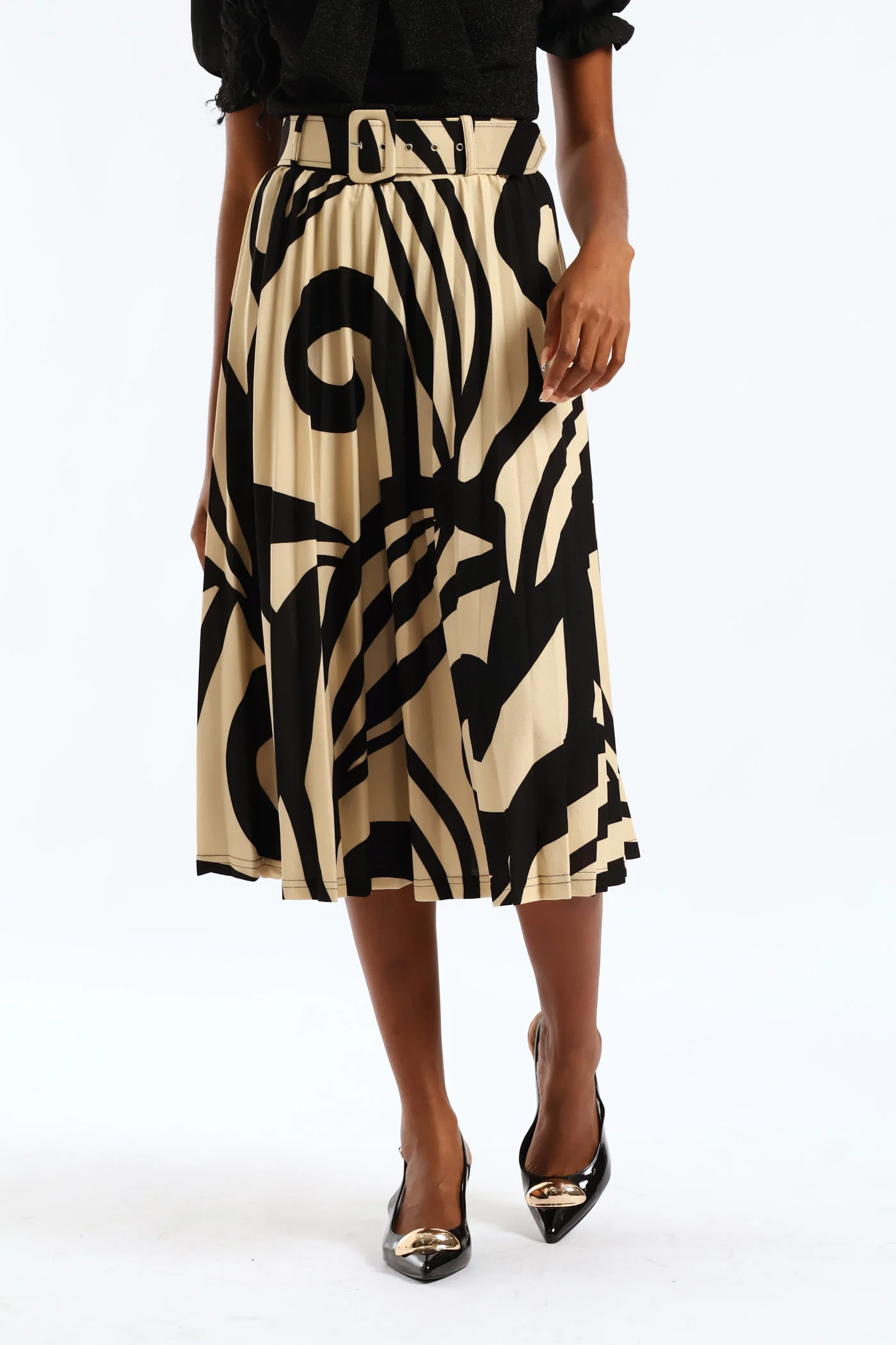 Pleated Swirl Midi Skirt - Black/Cream - Image 3