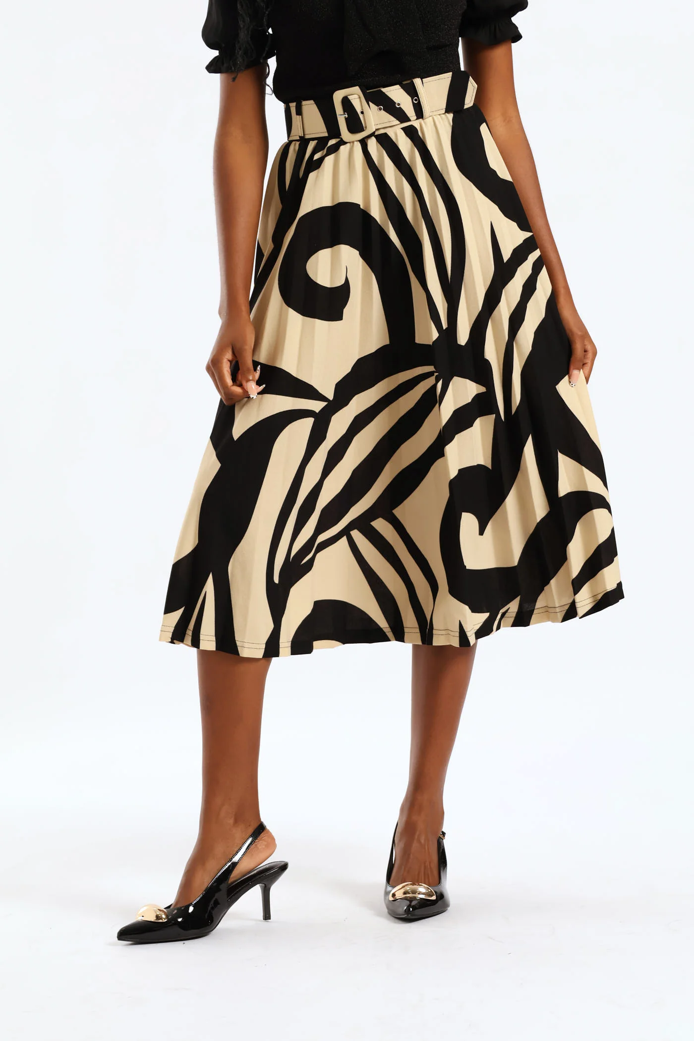Pleated Swirl Midi Skirt - Black/Cream - Image 4