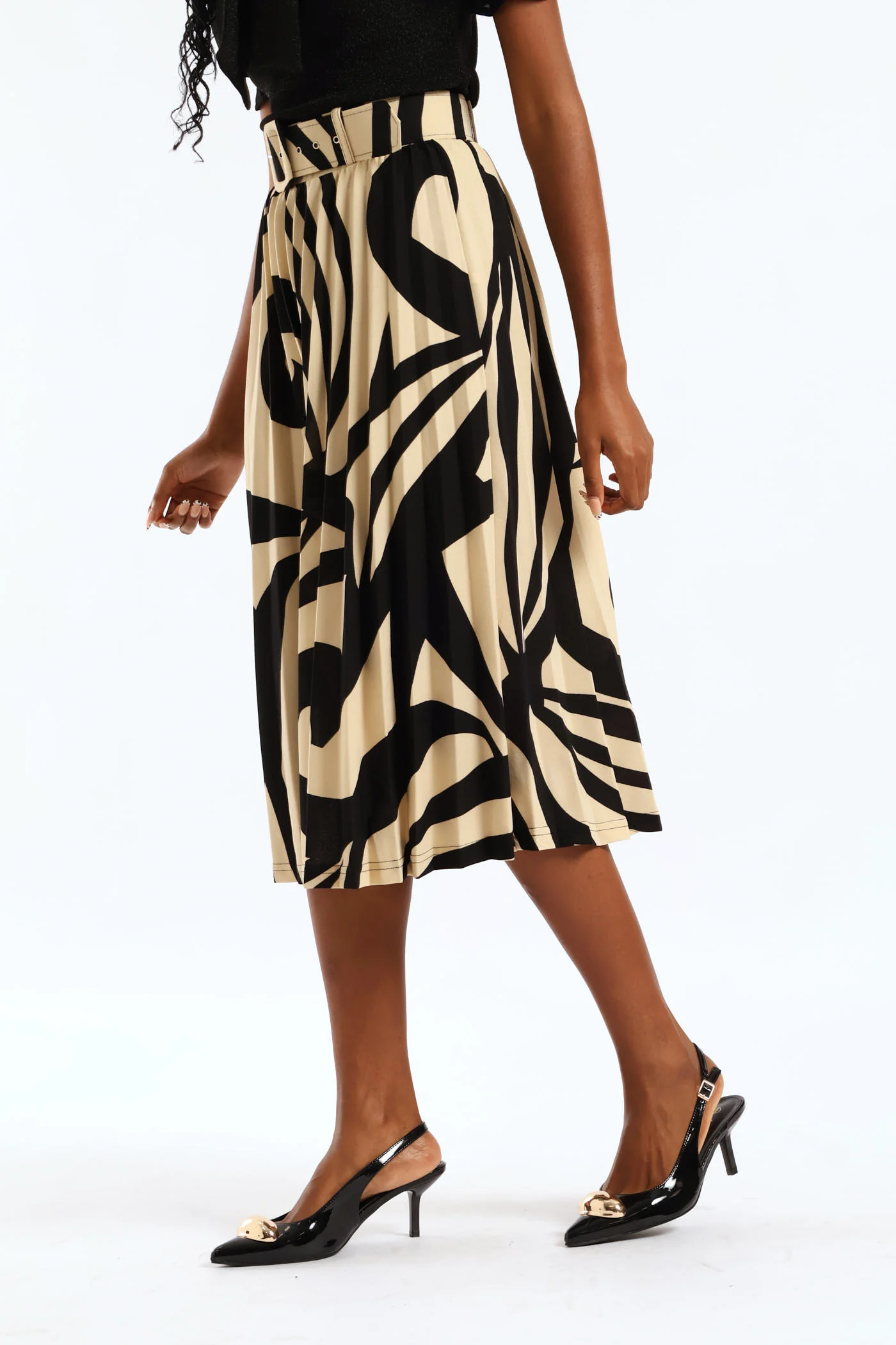 Pleated Swirl Midi Skirt - Black/Cream - Image 5