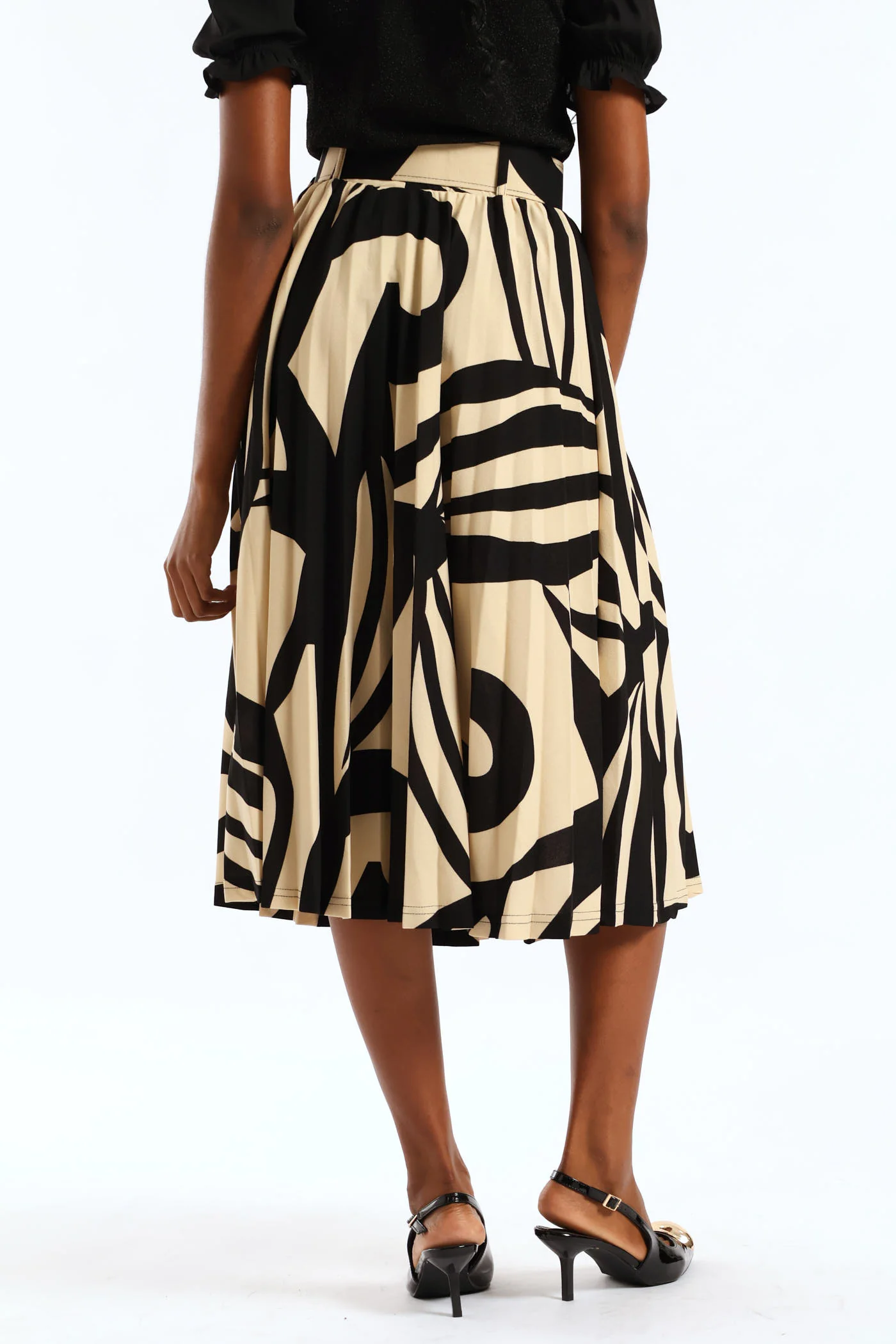 Pleated Swirl Midi Skirt - Black/Cream - Image 6