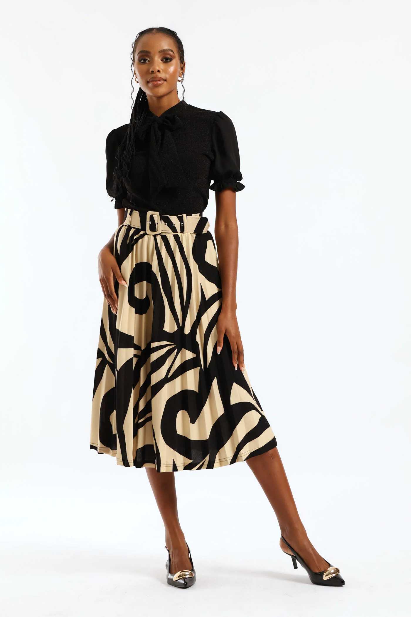 Pleated Swirl Midi Skirt - Black/Cream - Image 7