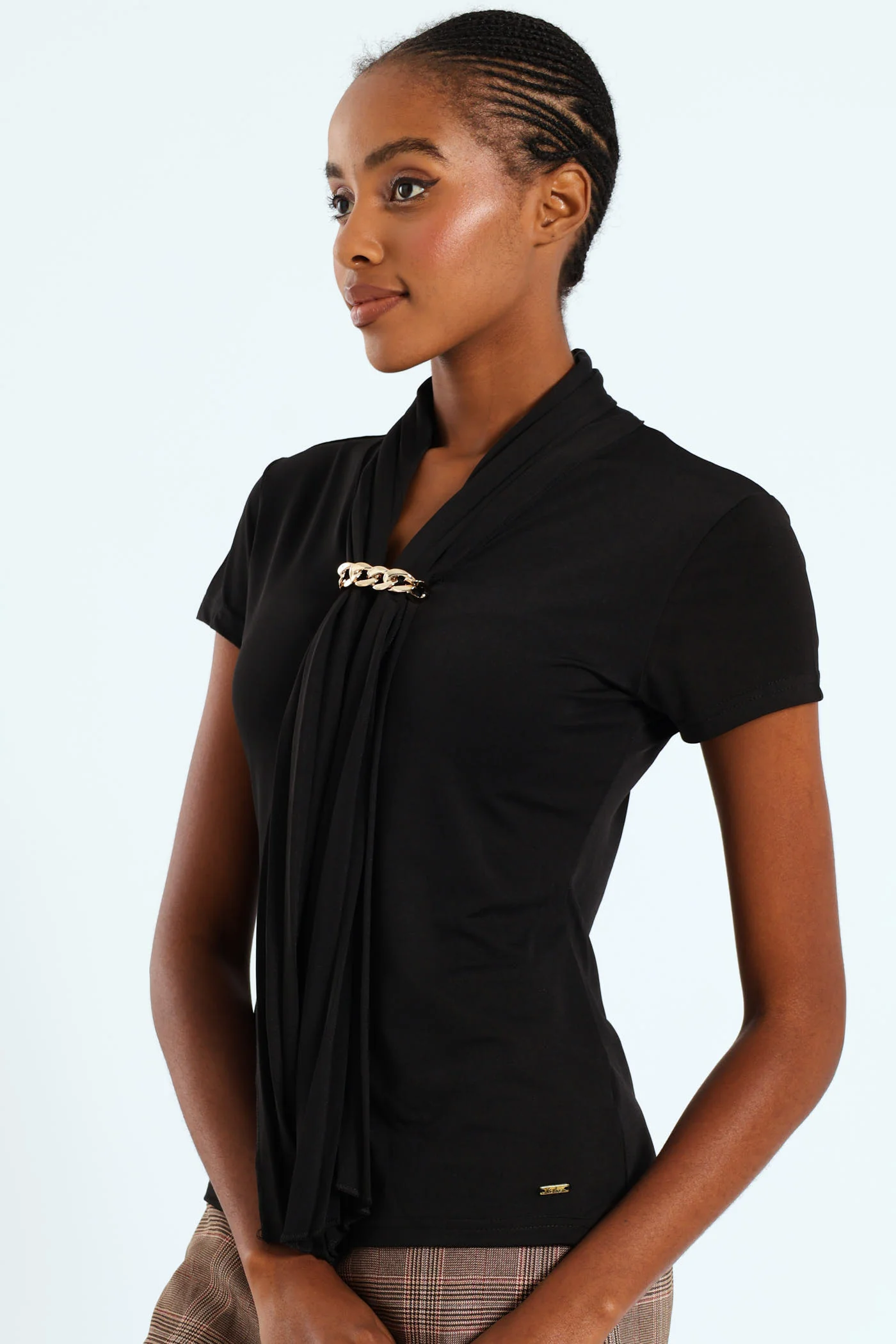 Pleated Tie Up Trim Blouse - Black - Image 3