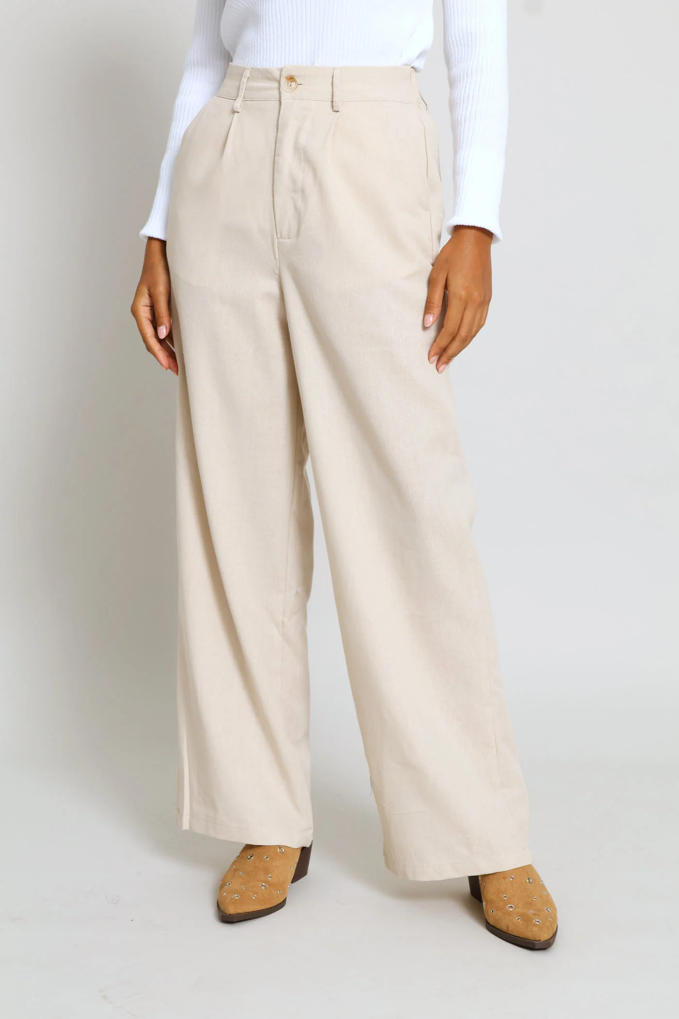 Pleated Wide Leg Trouser - Light Stone - Image 2