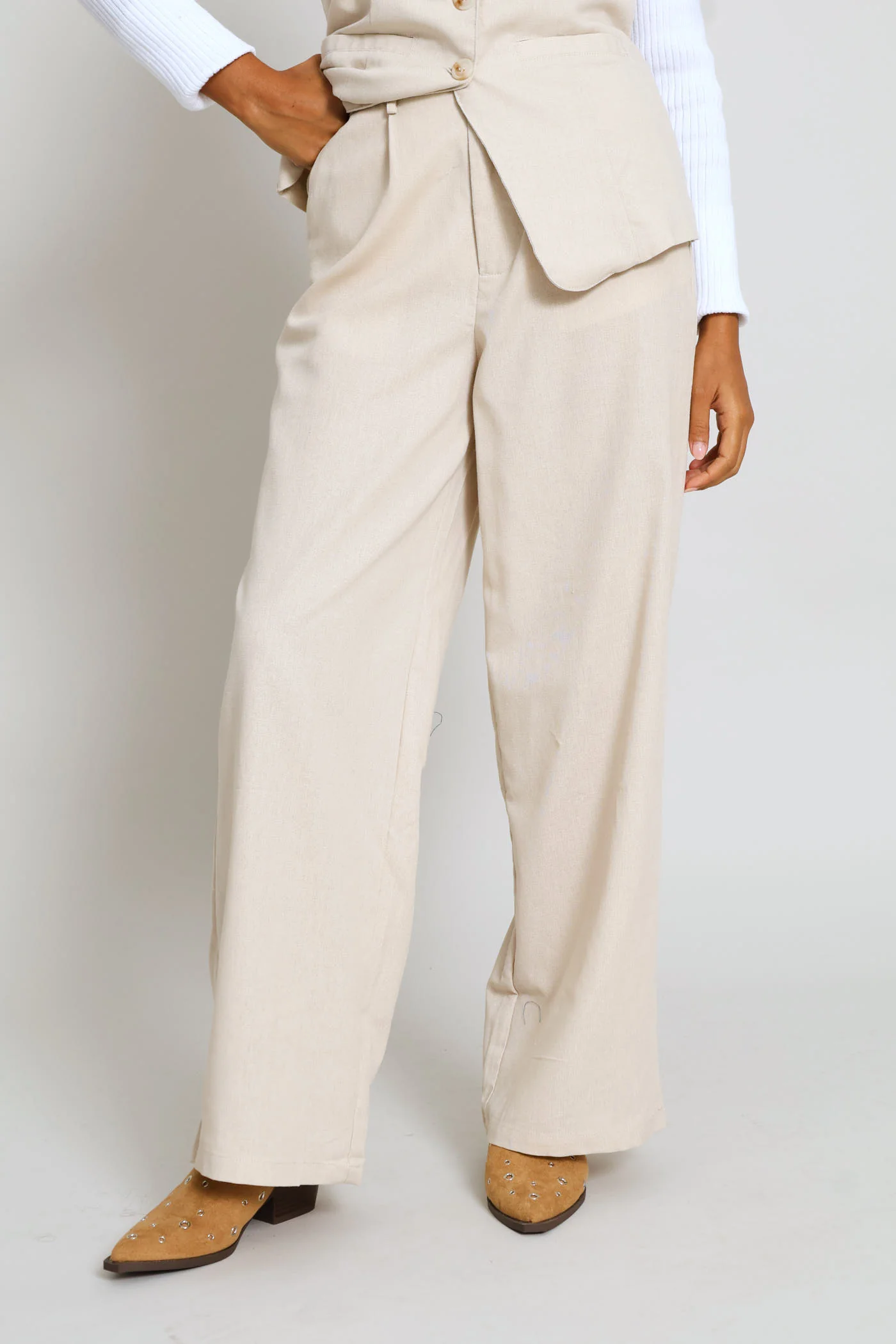 Pleated Wide Leg Trouser - Light Stone - Image 3