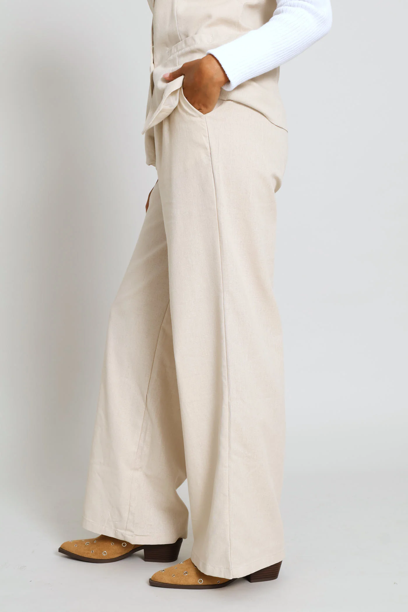 Pleated Wide Leg Trouser - Light Stone - Image 5