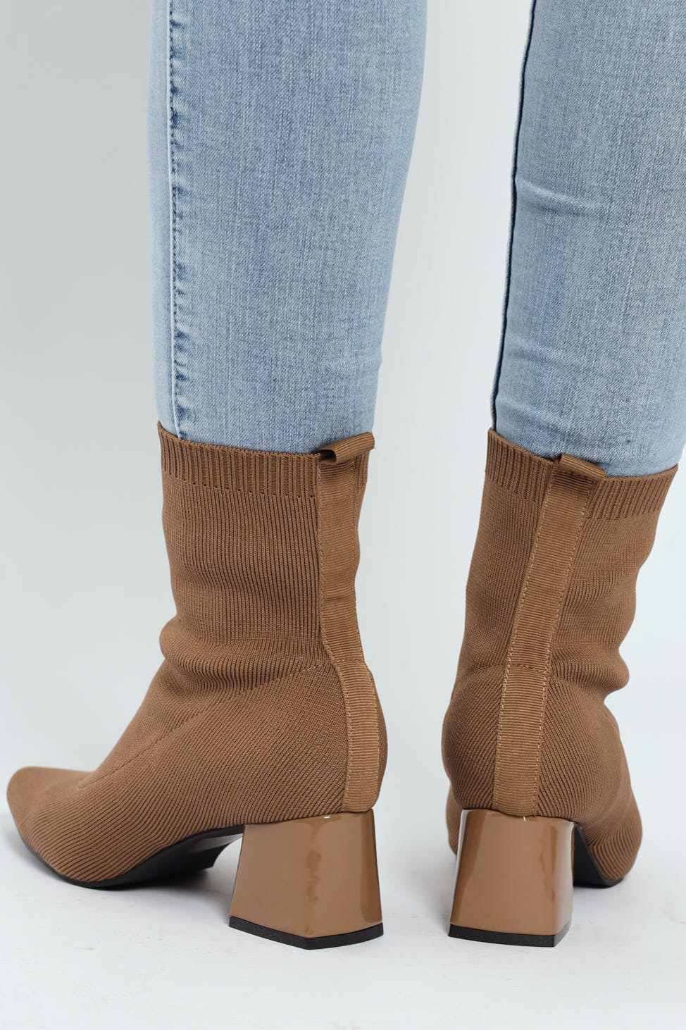 Pointed Block Heel Ankle Sock Boot - Taupe - Image 2