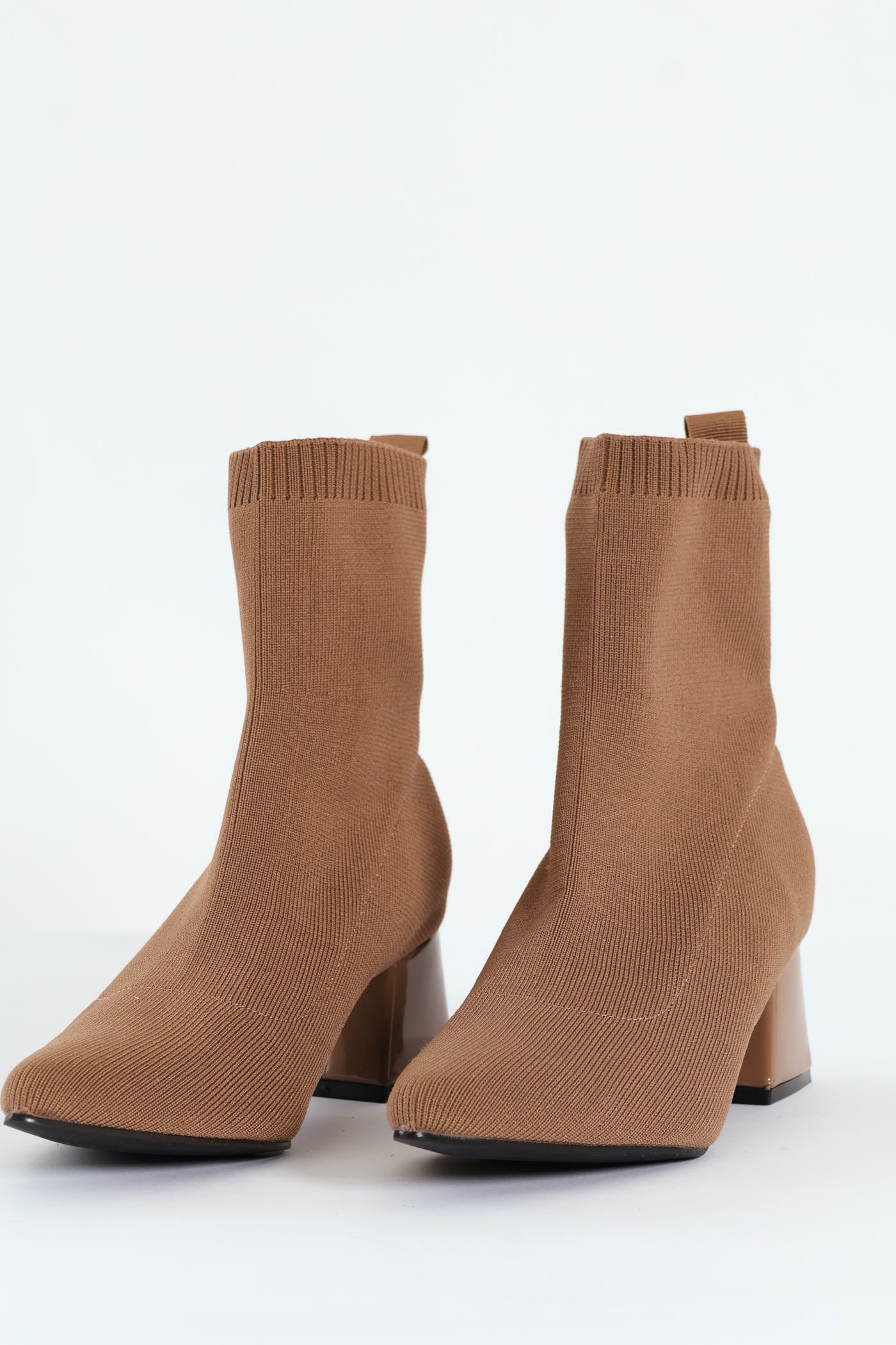 Pointed Block Heel Ankle Sock Boot - Taupe - Image 4