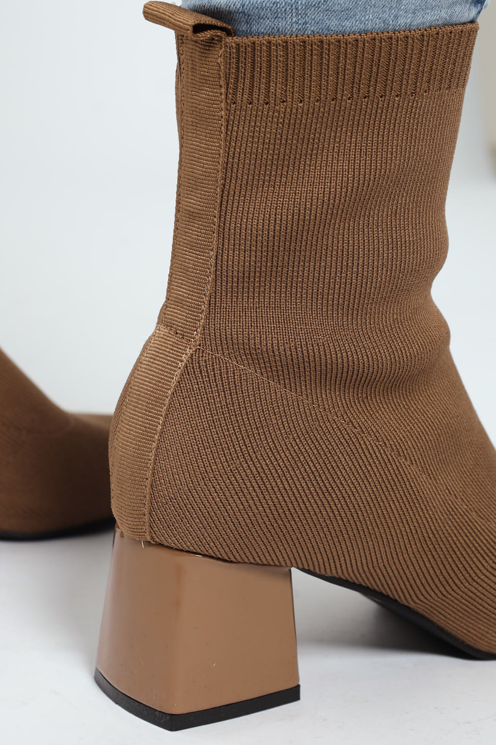 Pointed Block Heel Ankle Sock Boot - Taupe - Image 7