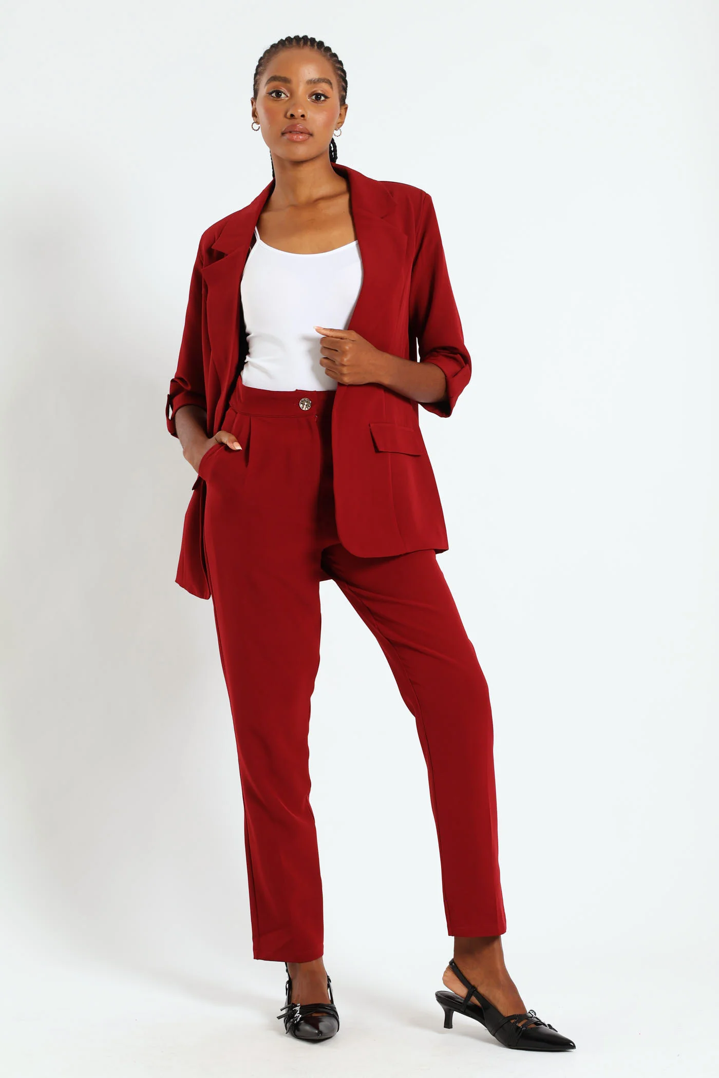 Pointed Tab Detail Blazer - Wine - Image 3