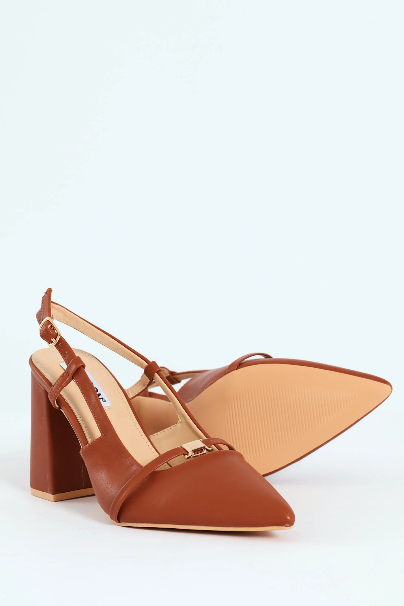 Pointed Toe Block Slingback Heel - Tan - Image 5