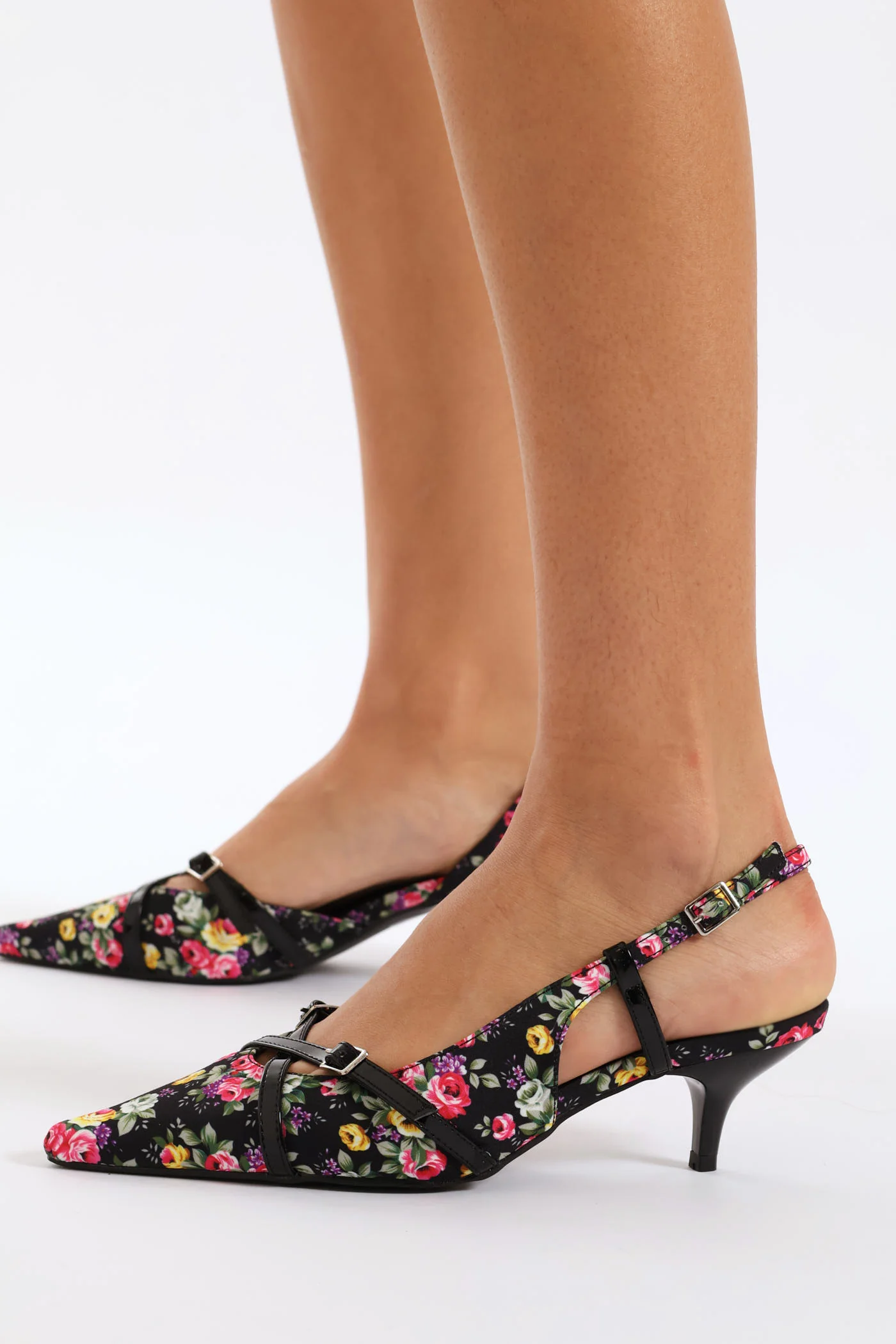 Pointed Toe Floral Slingback Heel - Black - Image 2