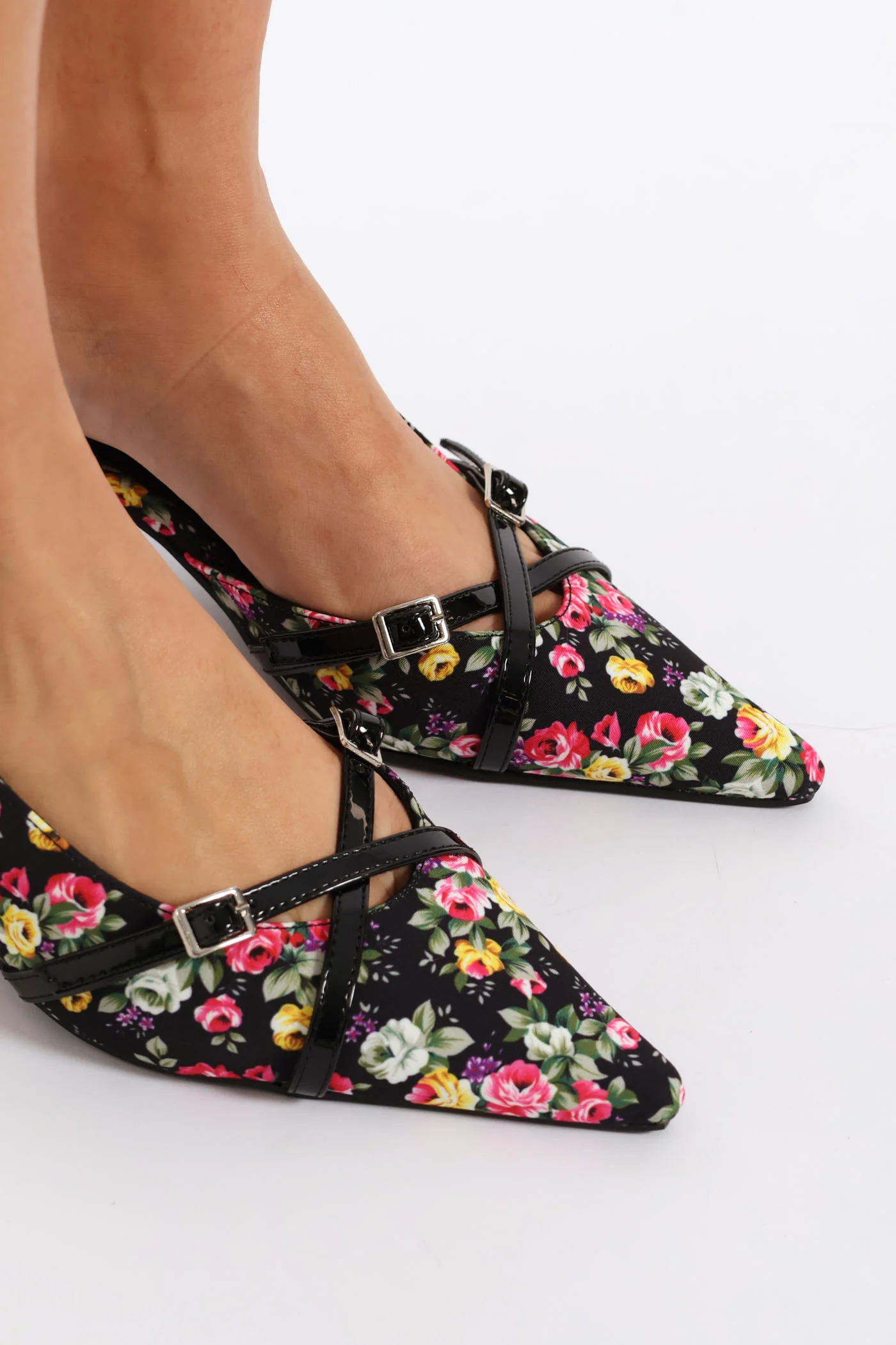 Pointed Toe Floral Slingback Heel - Black - Image 3