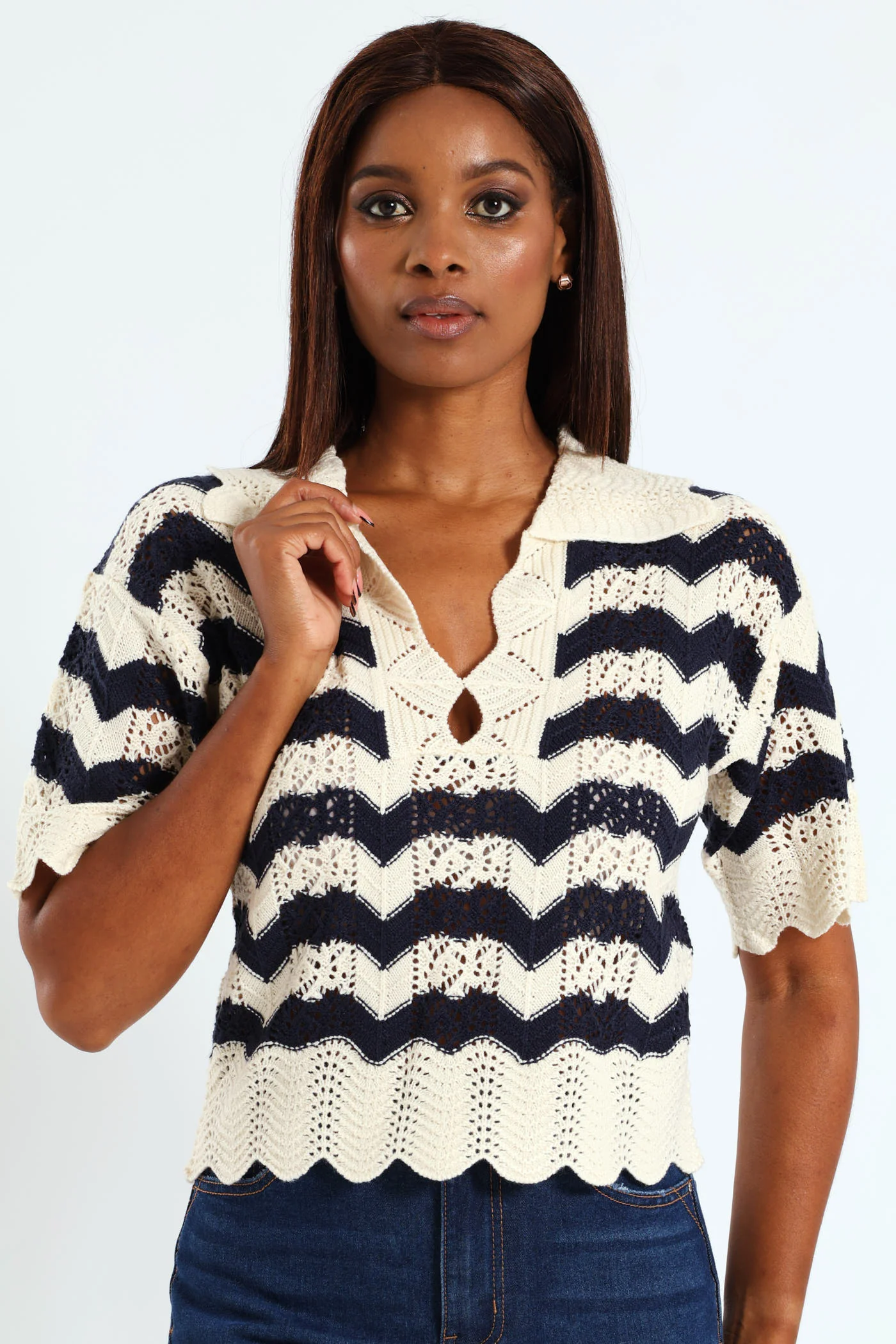 Pointelle Collar Chevron Top - Cream/Navy - Image 3
