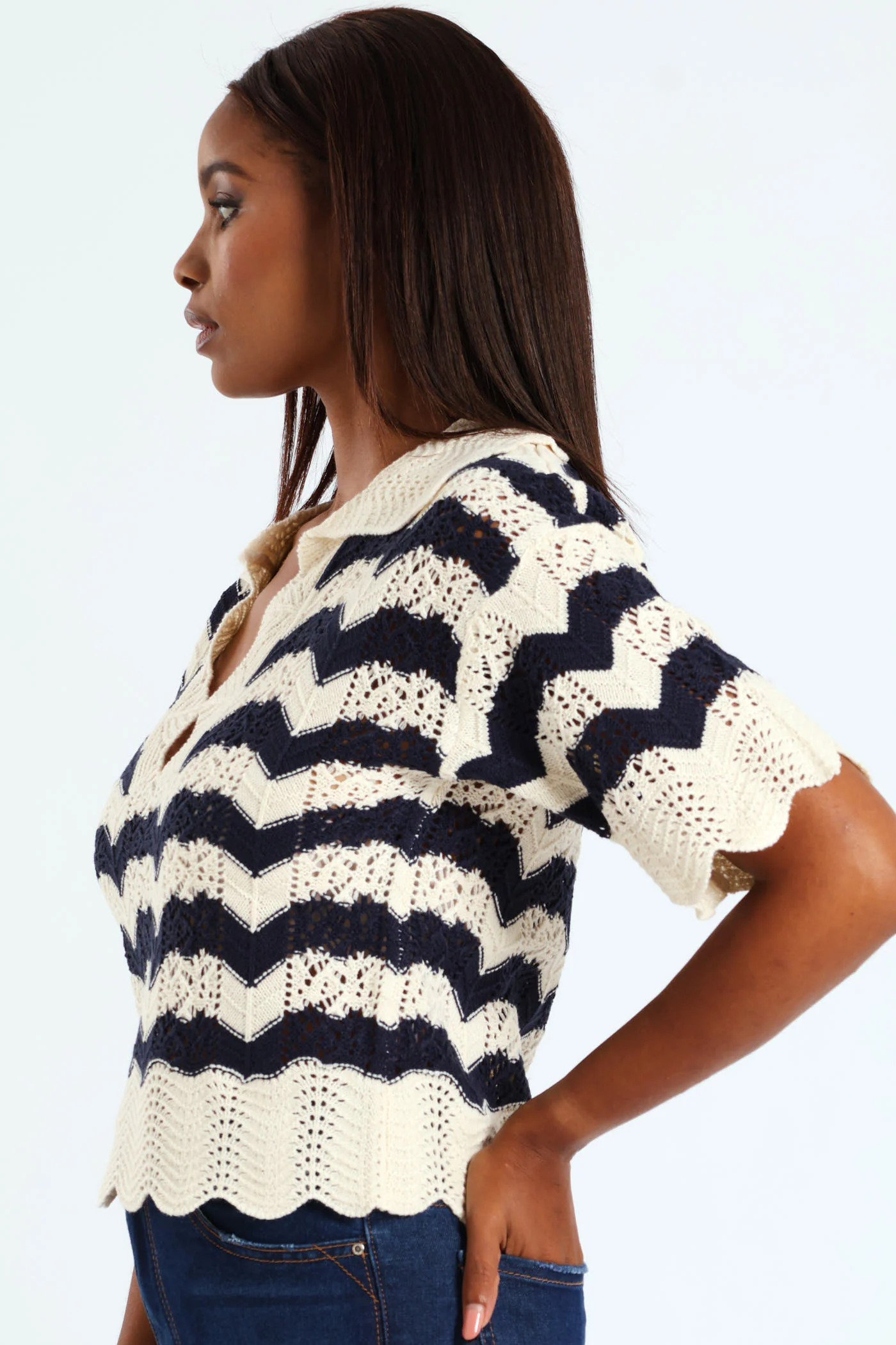 Pointelle Collar Chevron Top - Cream/Navy - Image 4