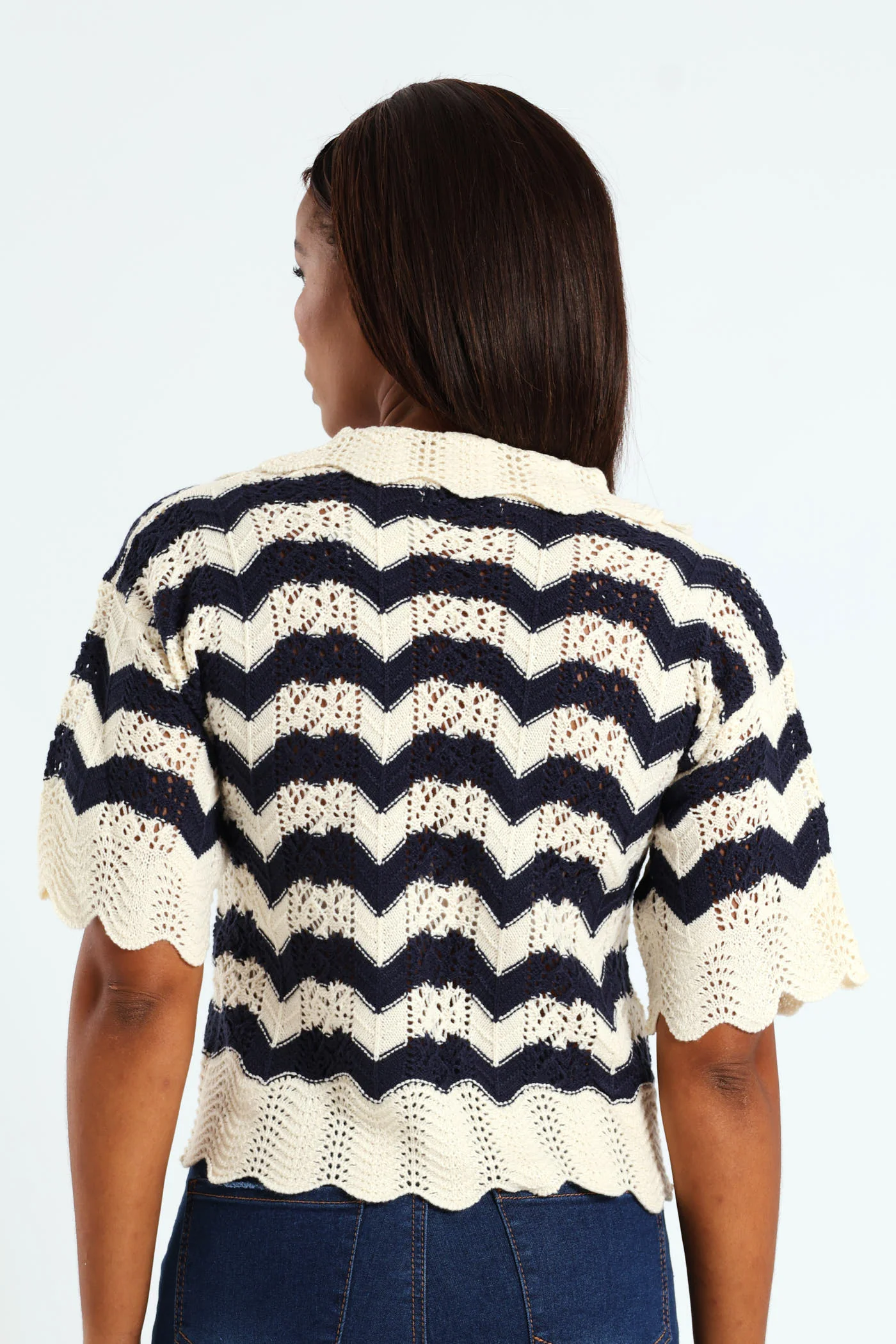 Pointelle Collar Chevron Top - Cream/Navy - Image 5