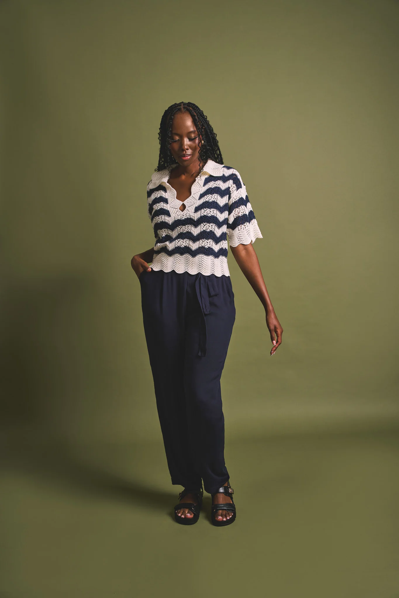 Pointelle Collar Chevron Top - Cream/Navy - Image 6
