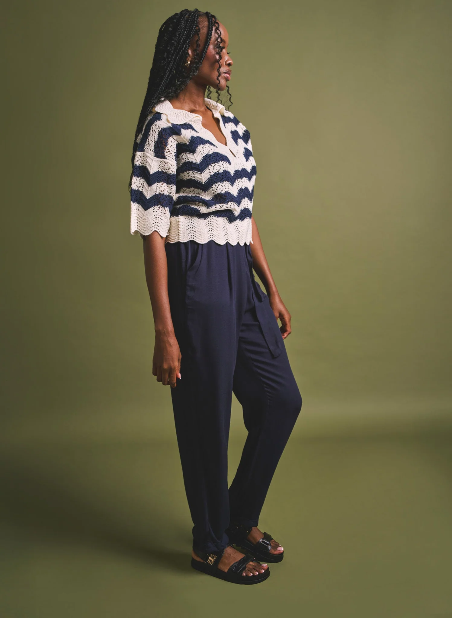 Pointelle Collar Chevron Top - Cream/Navy - Image 7