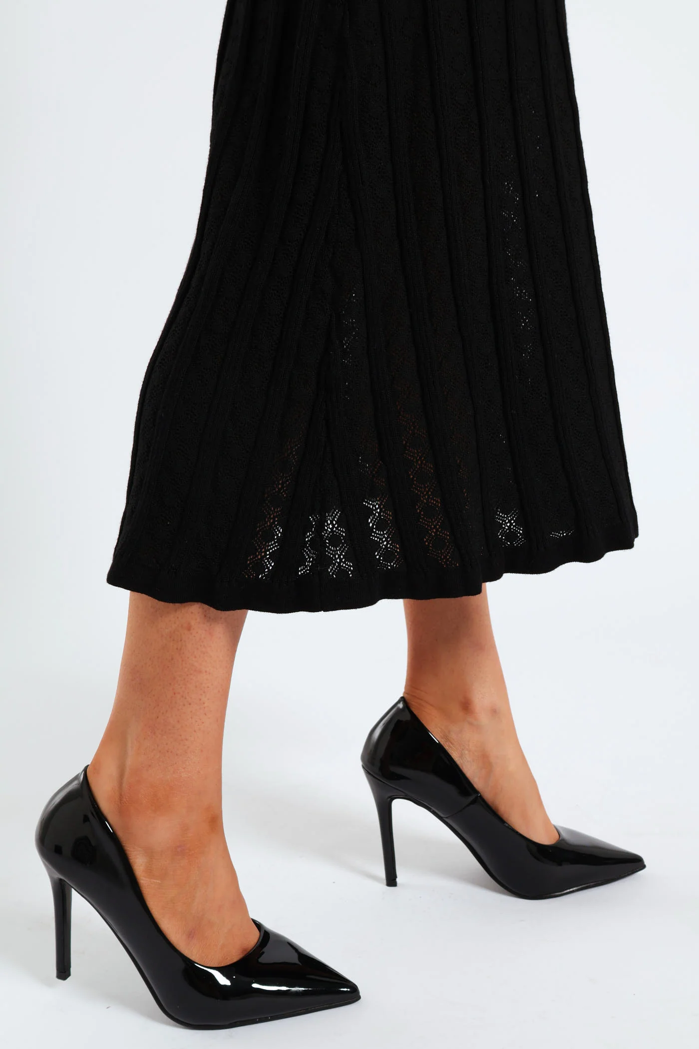 Pointelle Flared Knitwear Maxi Dress - Black - Image 3