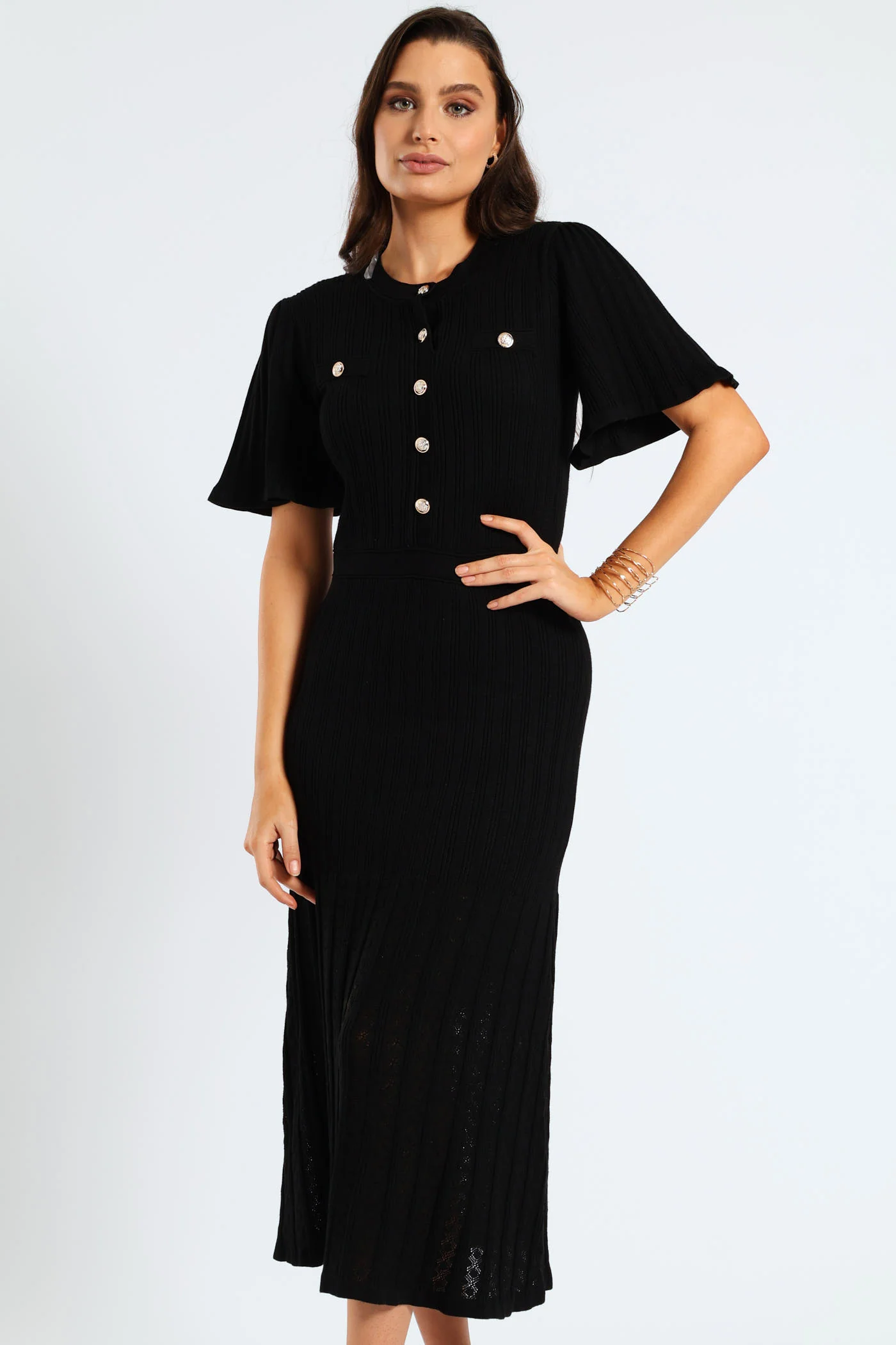 Pointelle Flared Knitwear Maxi Dress - Black - Image 4