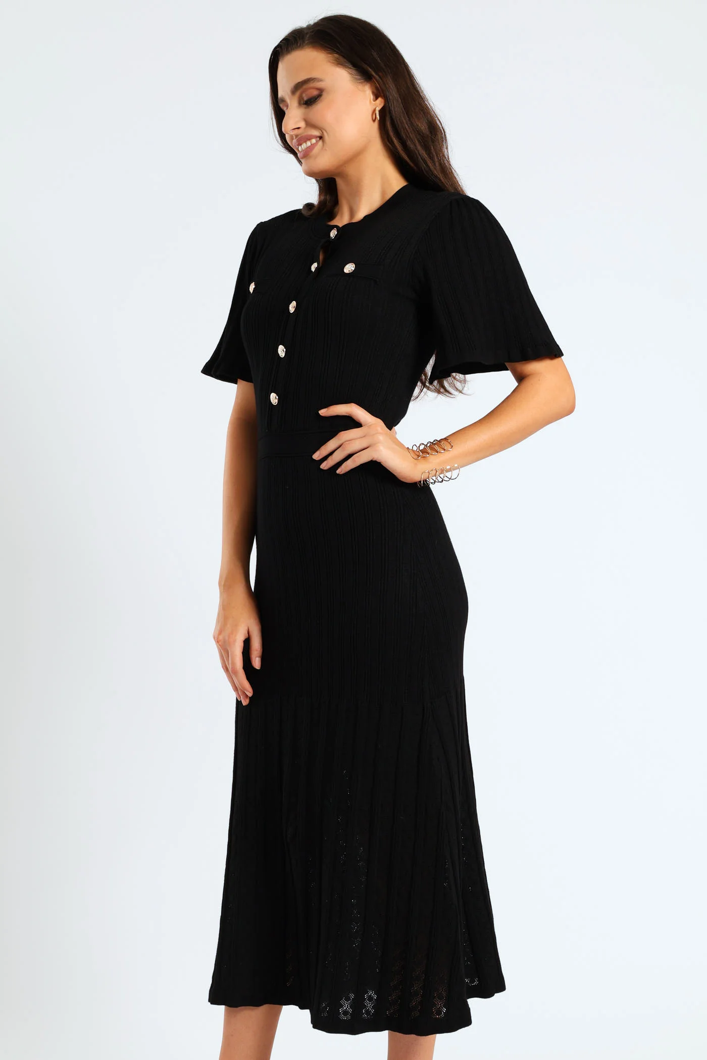Pointelle Flared Knitwear Maxi Dress - Black - Image 5