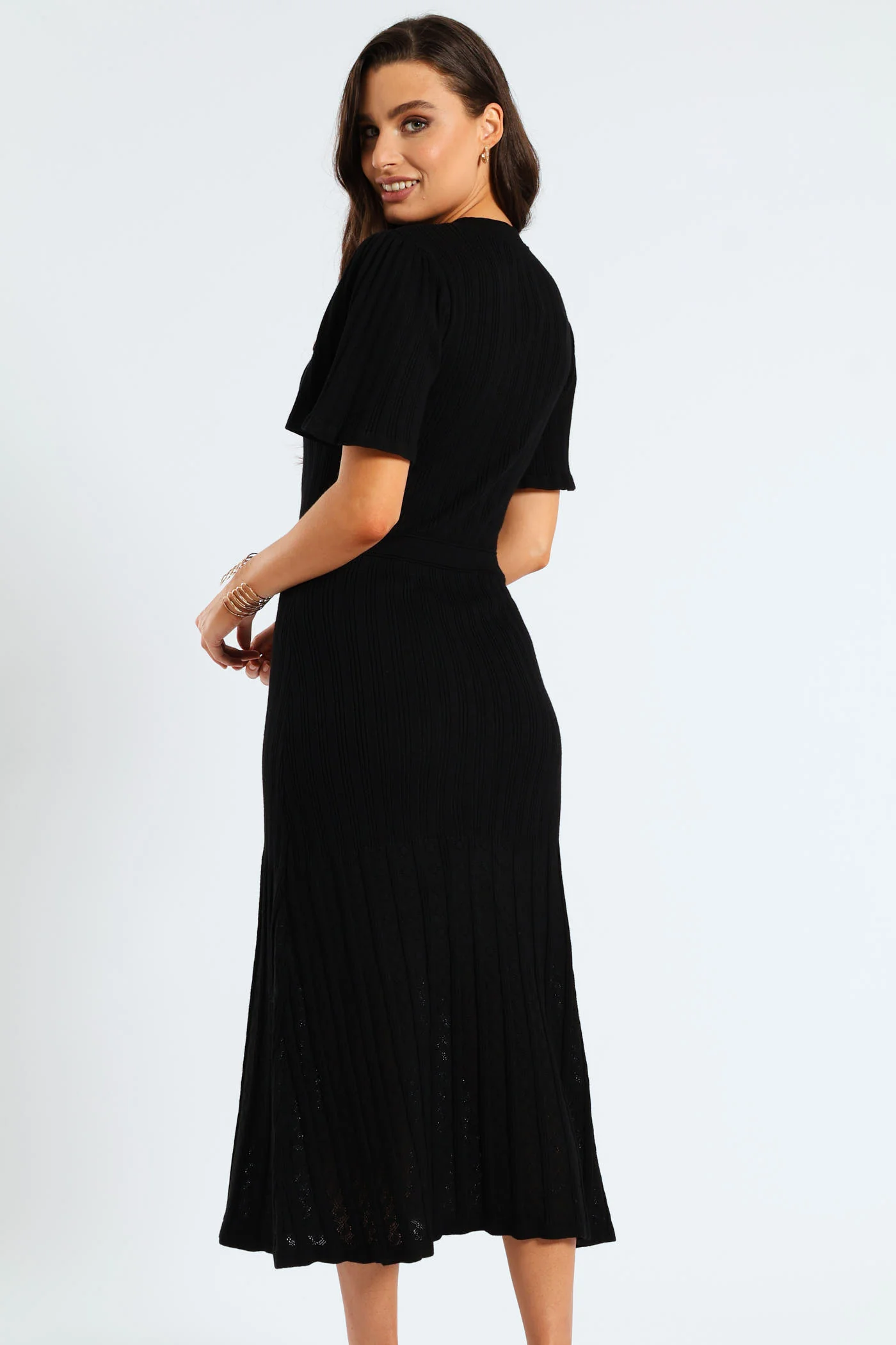 Pointelle Flared Knitwear Maxi Dress - Black - Image 6