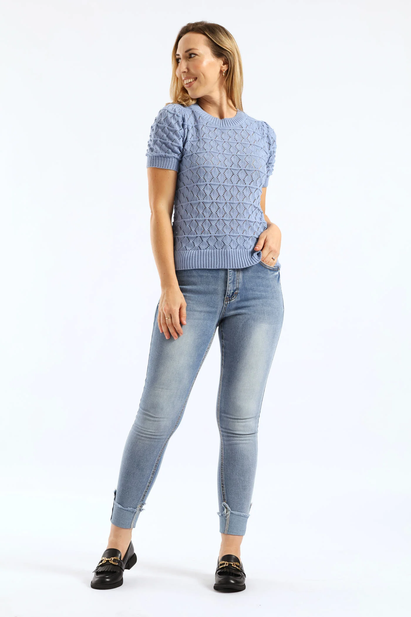 Pointelle Knitwear Top - Dusty Blue - Image 5