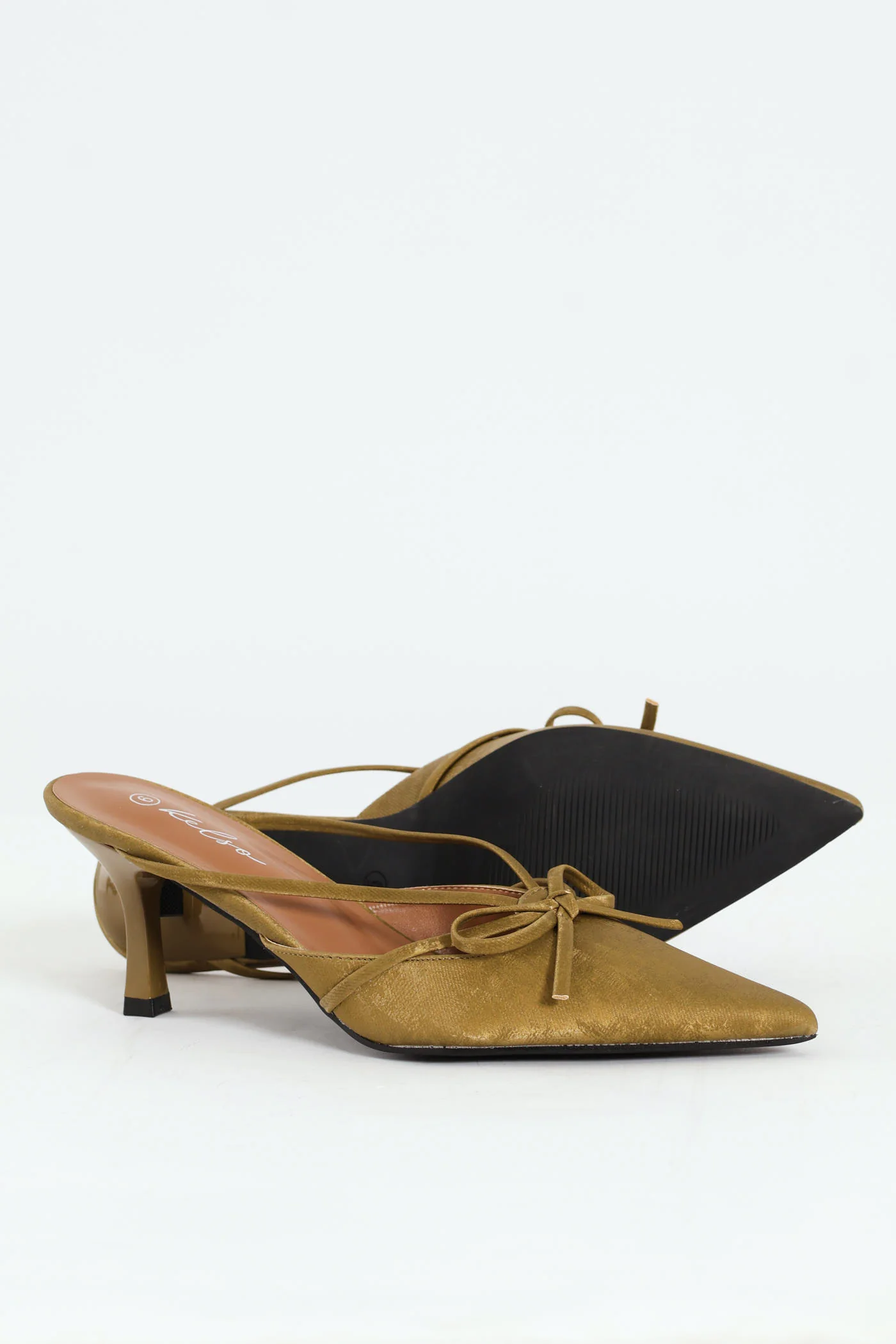 Pointy Bowed Mule Slingback Kitten Heel - Olive - Image 2